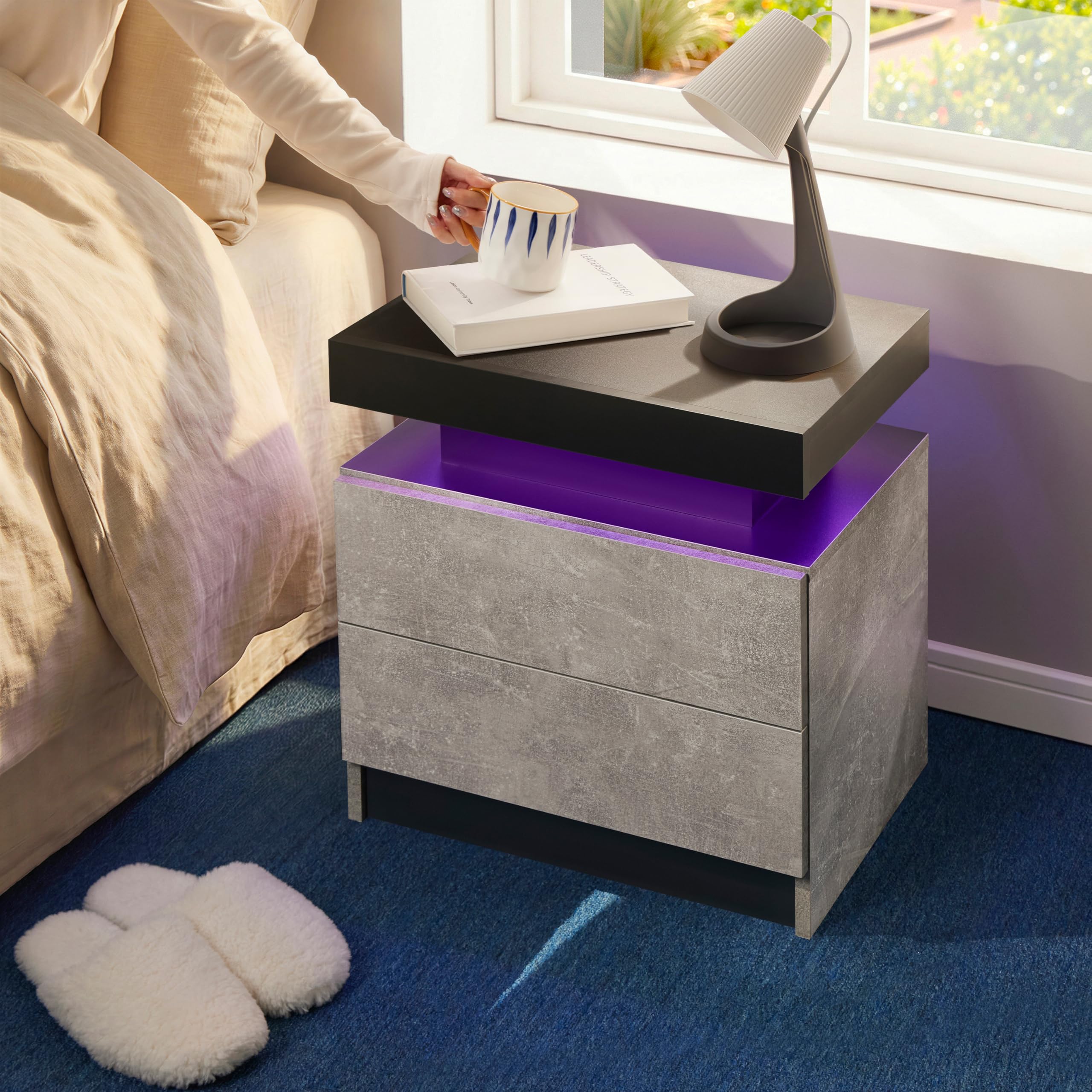Cubehom LED Nachttisch Nachtschrank mit Led Licht, Modern Nachtkommode mit 2 Schubladen für Wohnzimmer, Schlafzimmer (Grauschwarz, 2)