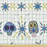 Vista 2 de Ambesonne Tela Cinco de Mayo por The Yard, patrón cultural de huesos y flores, tela decorativa para tapicería y detalles del hogar, 1 yarda, azul