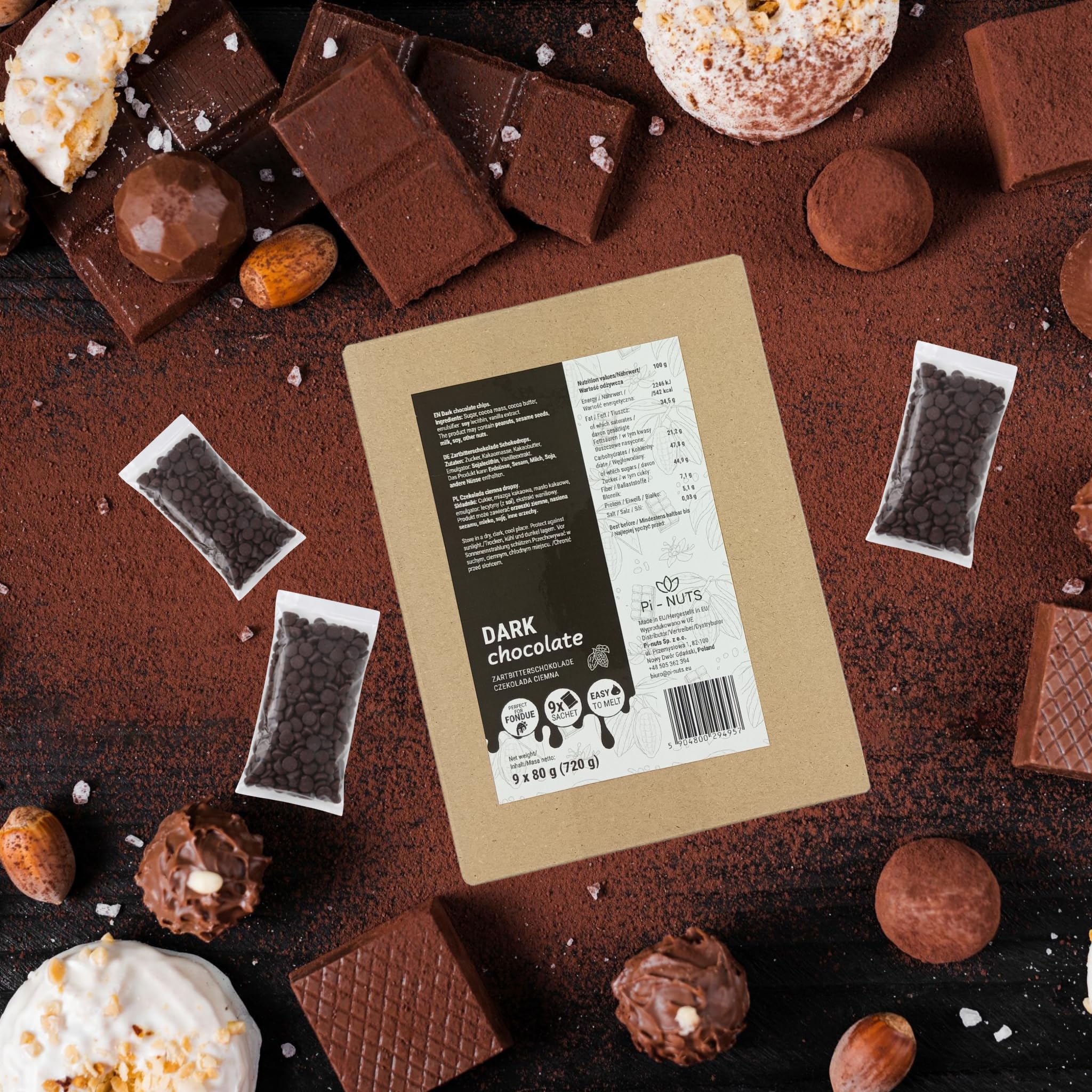 Zartbitterschokolade Fondue-Drops - cremig, schnell schmelzend für Dessert, Kuchen & Schokoladenbrunnen - 720 g (9×80 g)