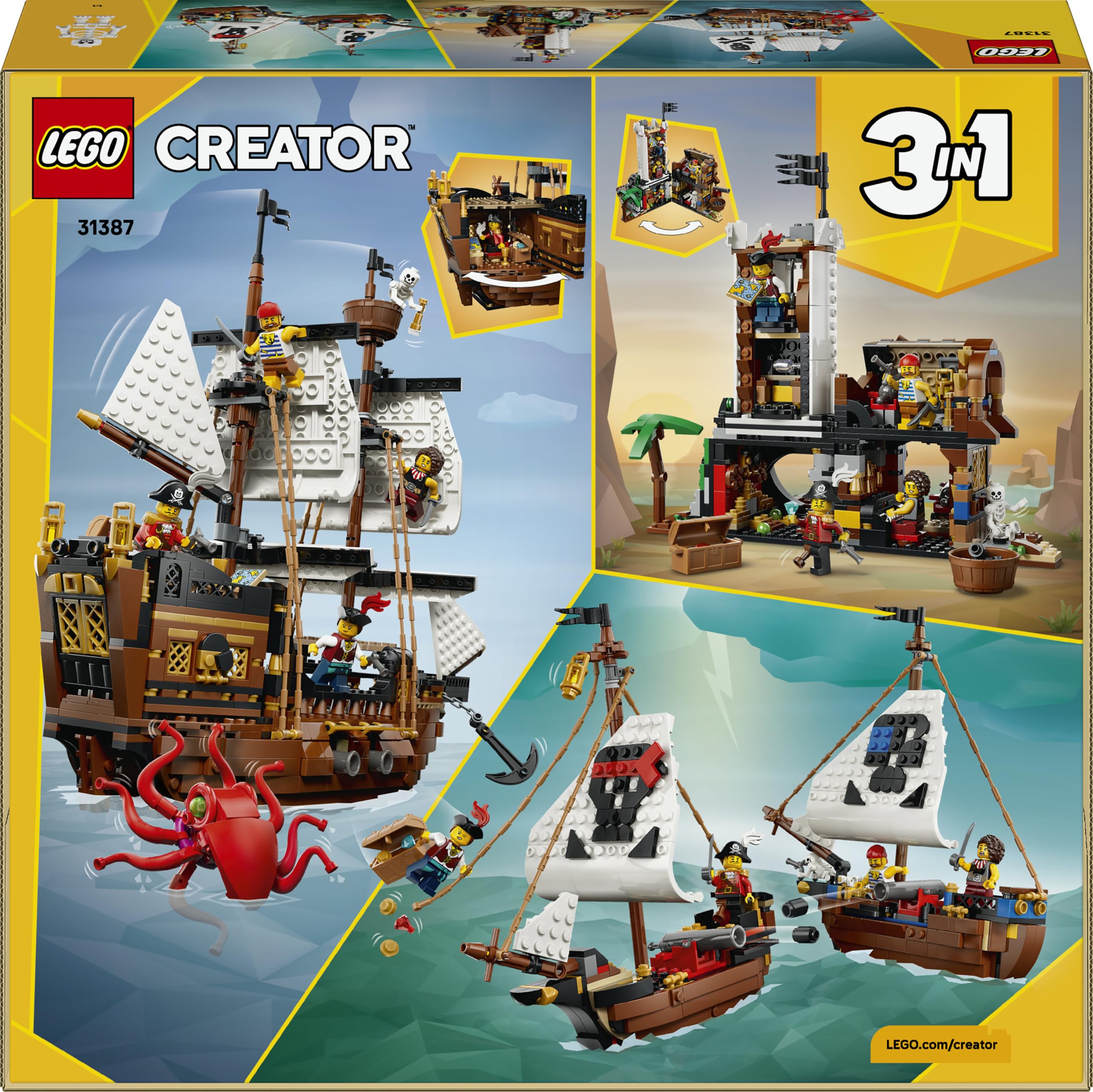 LEGO Creator 3 w 1 Legendarny statek piracki, zabawka konstrukcyjna dla chłopca lub dziewczynki, możliwość przebudowania na zamek lub bliźniacze statki, prezent dla dzieci w wieku od 9 lat 31387
