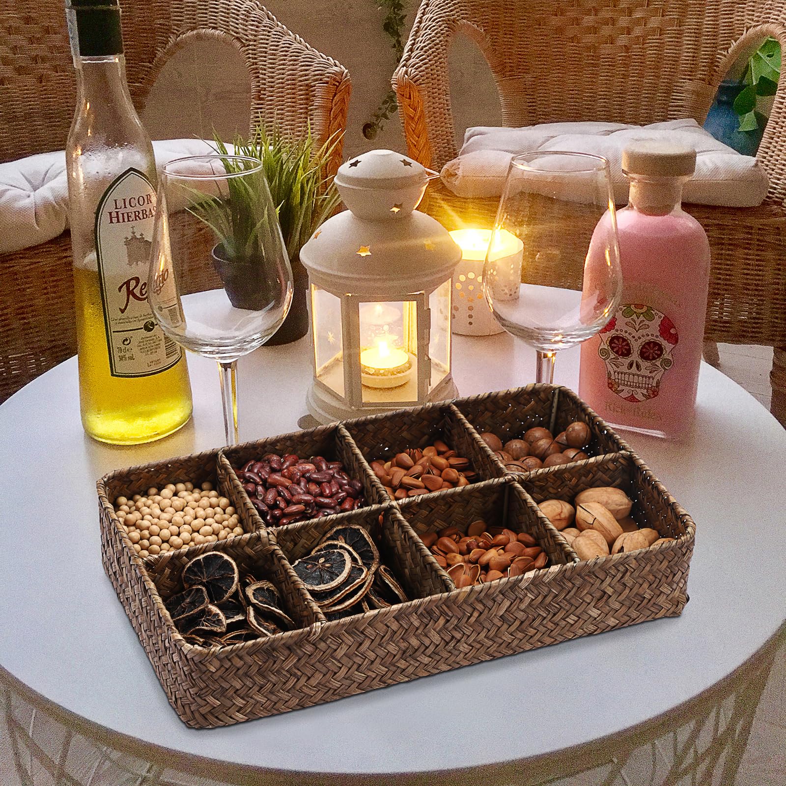 SUMTree Teebeutel Organizer Box Aufbewahrungsbox mit 8 Fächern Geflochten Aufbewahrungskorb aus Seegras 34,5x20x6 cm Kaffeefarben Teebeutelablagen für Kaffeebeutel, Gewürzbeutel für Büro, Esszimmer