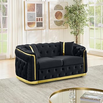 KEIKI 63 Luxury Oversized Velvet Chesterfield Sofa with 2 Pillow & Gold Stainless Decoration, Italian Modern Style 2-Seater Button Tufted Couch with Rolled Arms, Easy Assembly, for Living Room, Black