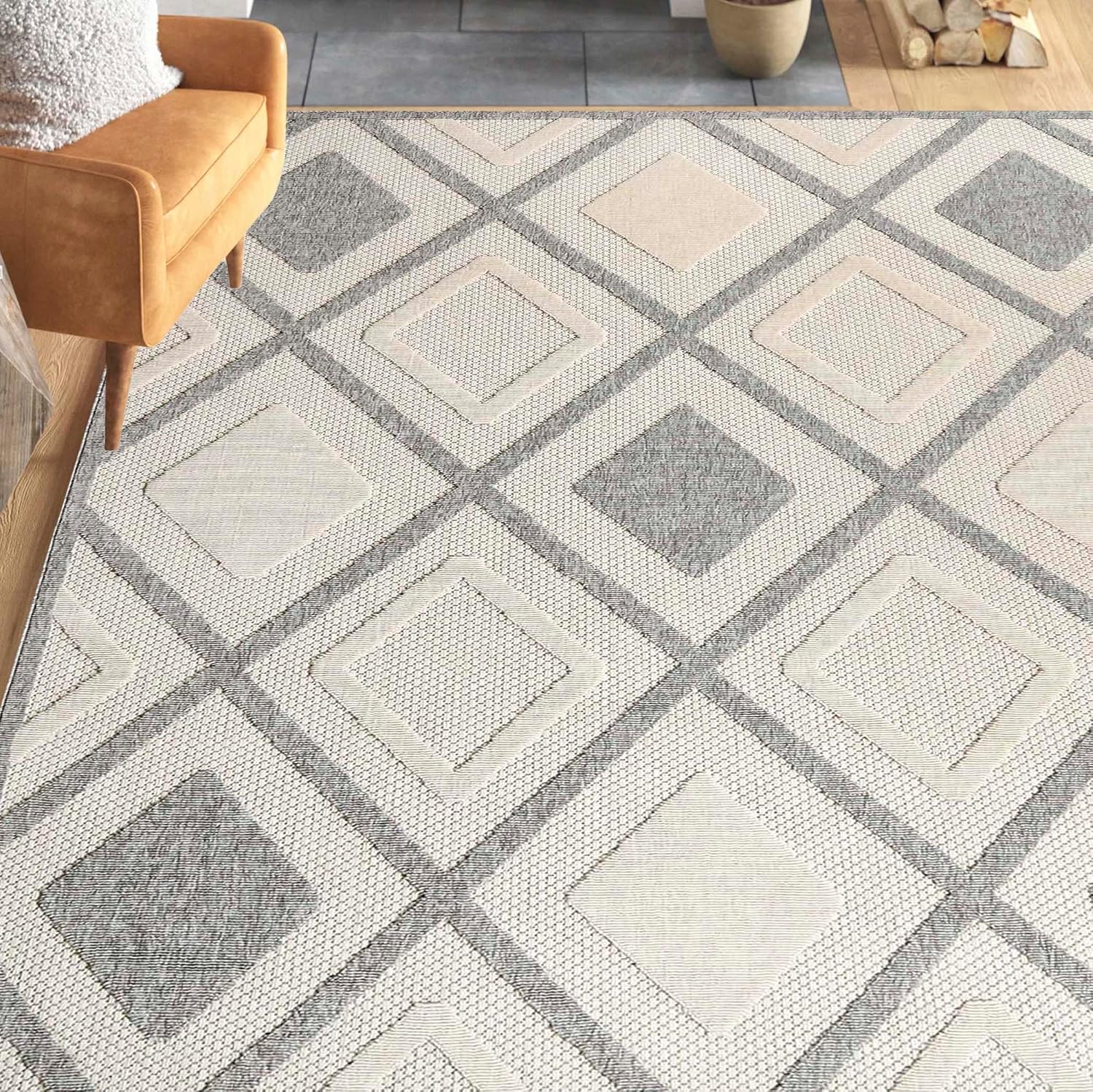 Superior Indoor Outdoor Area Rug, Perfect for Patio, Bedroom, Kitchen, Laundry Room, Entryway, Playroom, Carpet Cover, Modern Geometric Diamond Lattice, Daelyn Collection, 6' x 8' 10", Cream
