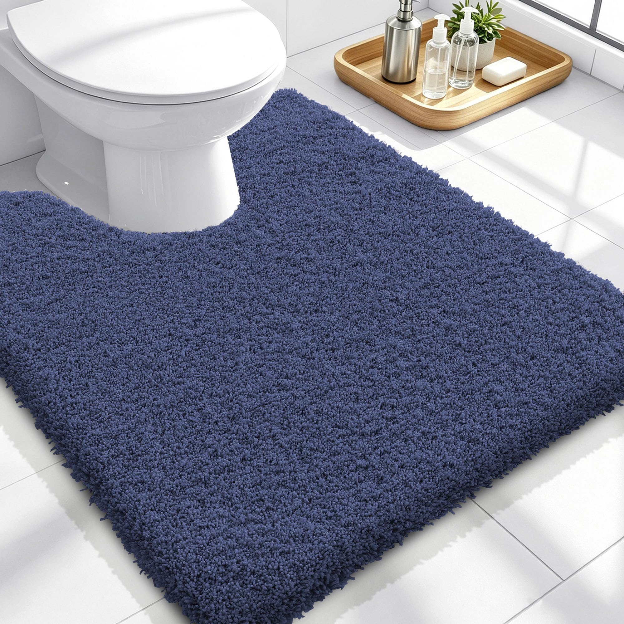 OLANLY Microfiber Bathroom Toilet Rugs U-Shaped 24x20, Soft Bath Mat, Navy