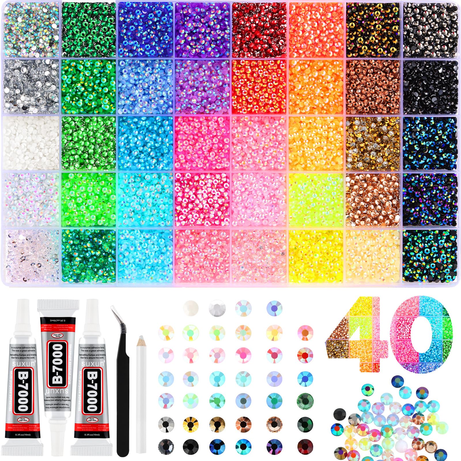Zefy 40000 Pcs Resin Jelly Rhinestones for Bedazzling, 40 Colors 3mm Flatback Gems for Crafting, Bedazzling Kit with 3Pcs B7000 Glue for Clothing Shoes Nail Book Diamond Art Jelly 3mm