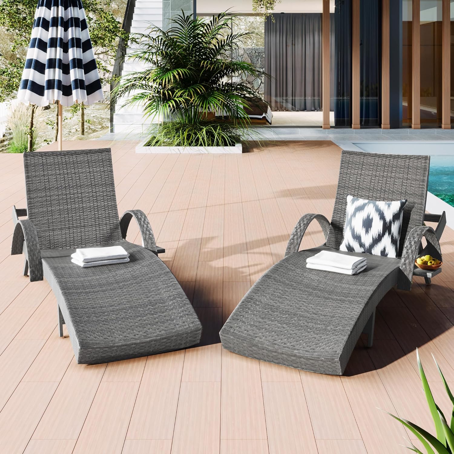 Minimalist Outdoor Lounge Chair, Pool Lounge Chair Wicker, Patio Rattan Reclining Chair with Adjustable Backrest, Ergonomic Wave Design Chair for Patio, Poll, Set of 2 (Gray)