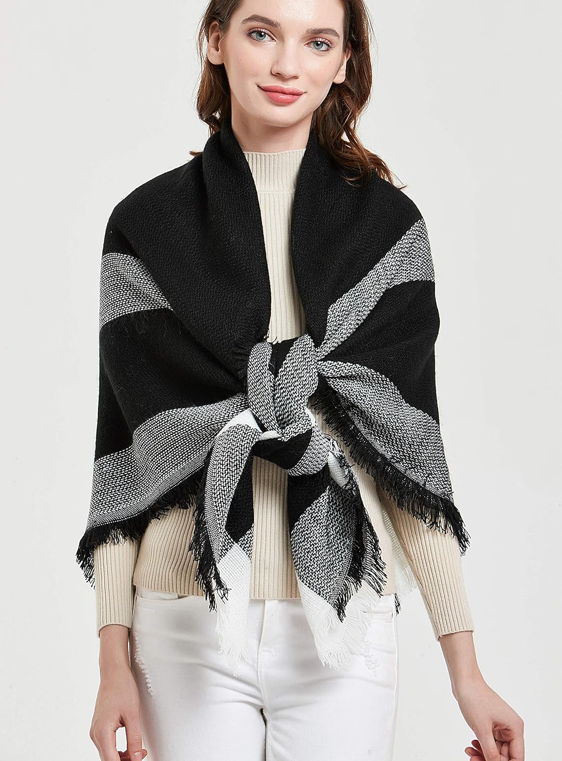 Wander Agio Womens Warm Blanket Scarf Square Winter Shawls Large Infinity Scarves Stripe Plaid Scarf - Image 3