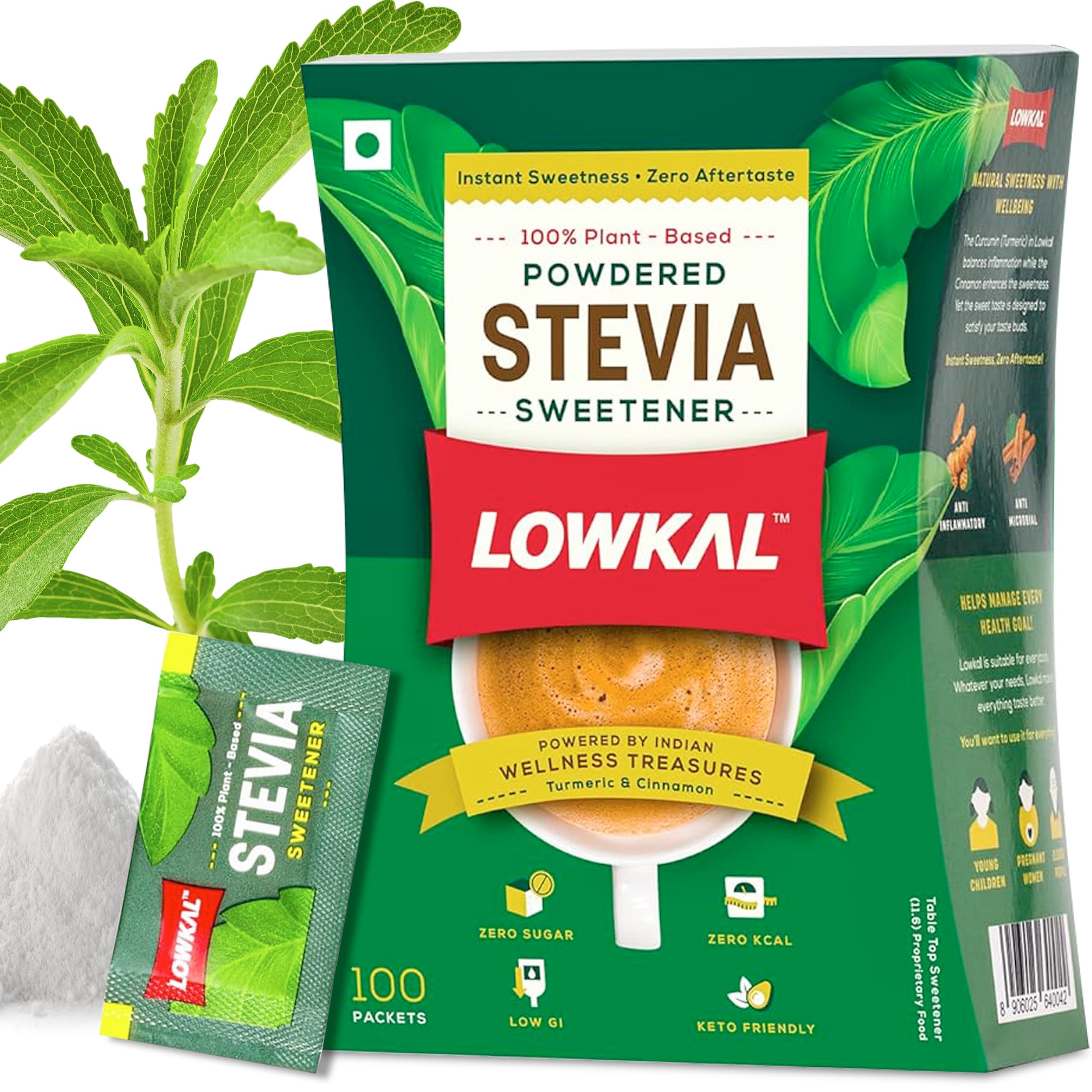 Stevia Sachets | 100 Count * 0.8 gram | Use For Travel, Coffee Machine | Natural, Great Taste | No Sugar-Spike Ingredients | With Gut-Friendly Turmeric, Cinnamon | Stevia Sugar Free Sachets 100