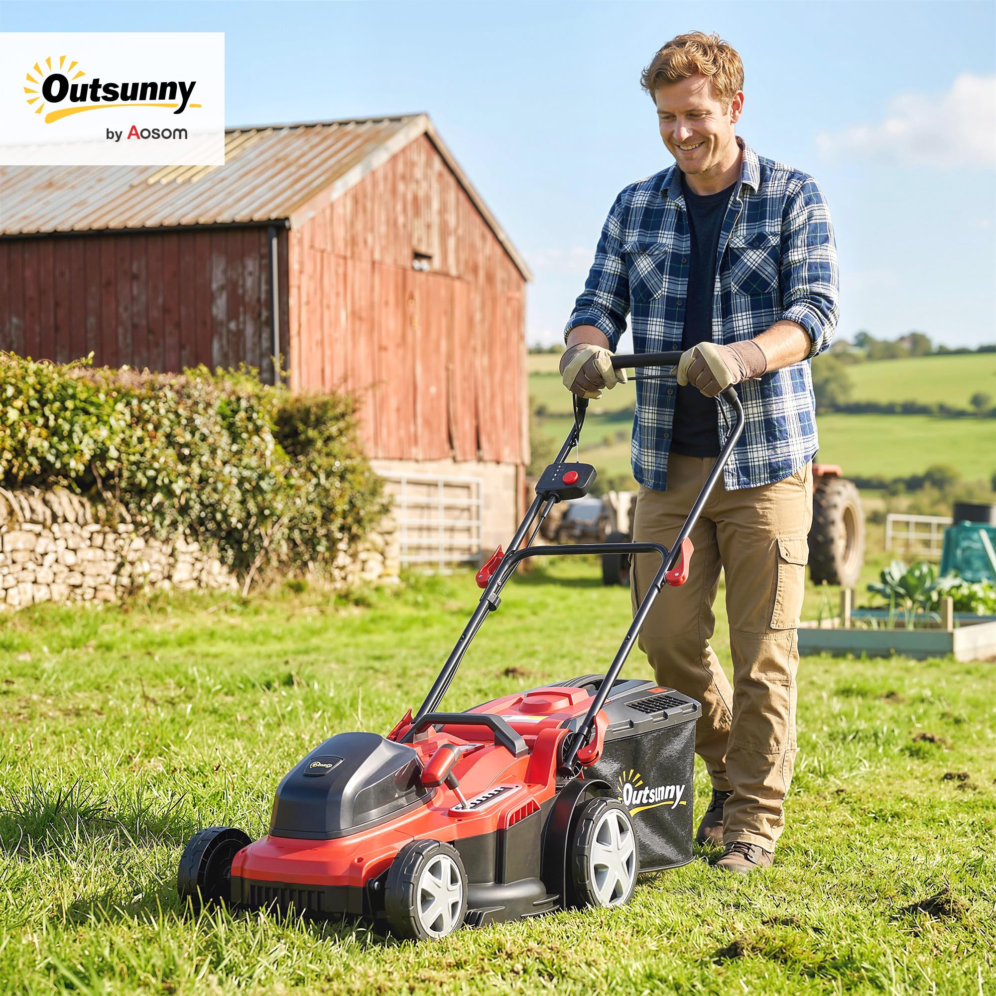 Outsunny Cortacésped eléctrico 800W 40cm Ancho de Corte con Bolsa 45L | Indic. batería, protec. sobrecarga, 7 alturas corte, segadora eléctrica, asas removibles, cortacésped, solo herramienta