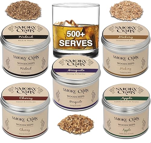 5 chips de madera de 2 onzas para ahumador de cóctel (juego de 5 cereza, nogal, manzana, mezquite, nuez) 5 sabores de chips de madera para pistola