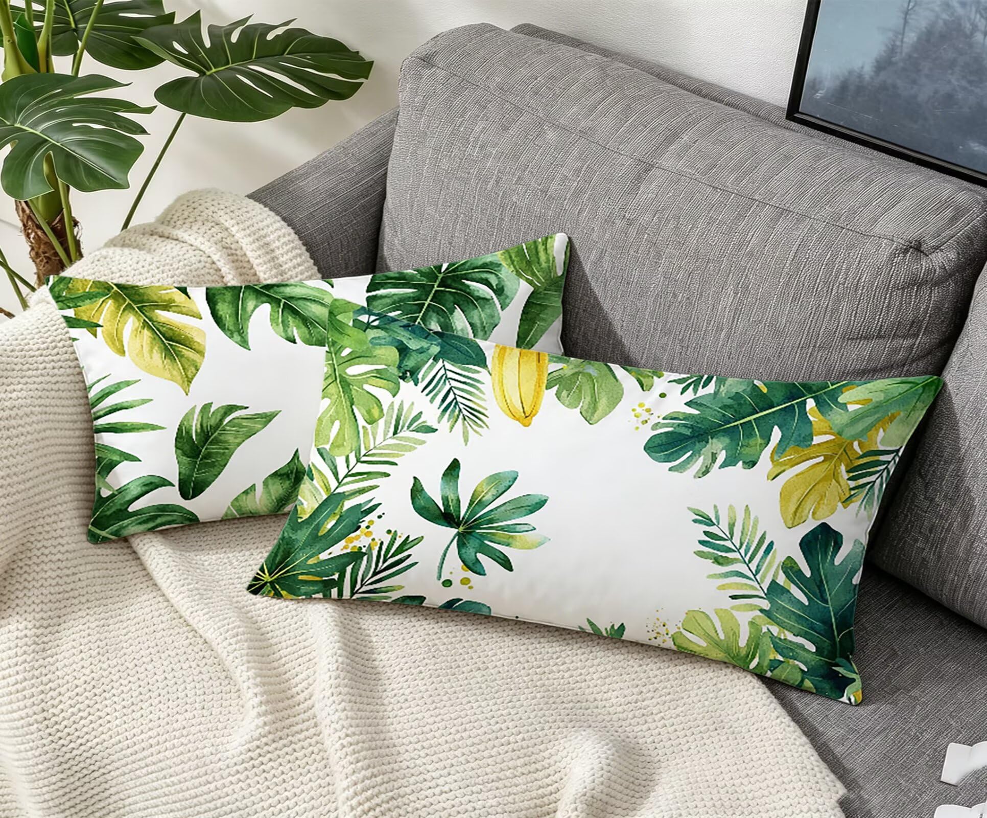 GrüN Kissenbezug 60x80 BläTter Kopfkissenbezug 2er Set,Wohnaccessoires & Deko,Weich und Atmungsaktiv Samt Stoff mit Verstecktem Reißverschluss für Bett Sofa Kissen Dekokissen-86041