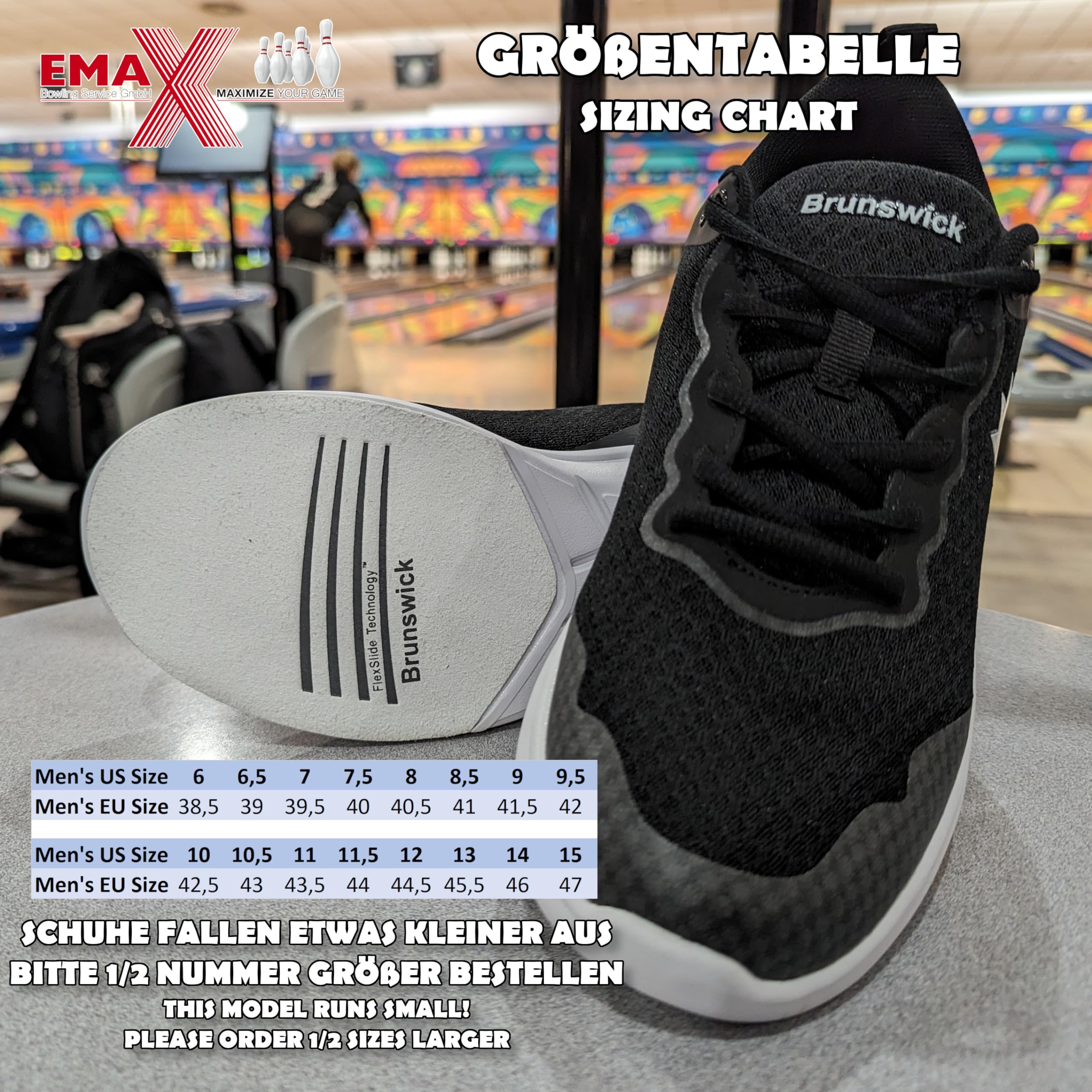 EMAX | Brunswick - Zapatos de bolos para hombre | Zapato de bolos para hombre | Tradition Black & Classic White