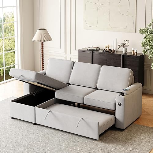 FANYE L-Shaped Reversible Sleeper Sectional Sofa Linen Upholstered Corner Convertible Sofabed W/Pull Out Couch Bed, Storage Armrests & Chaise, Cupholders, USB and Type-C Ports for Living Room