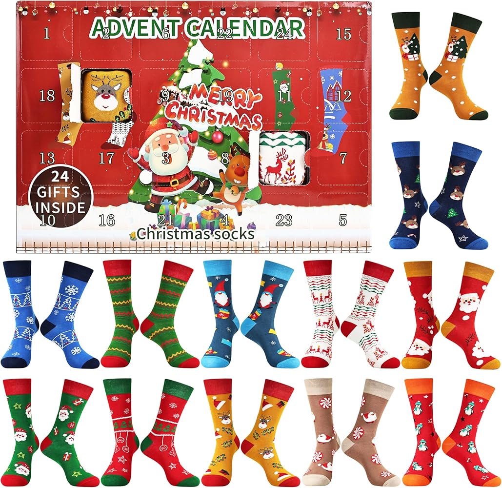 Jeasona Advent Calendar Christmas Socks Gift Set for Men, Women, Kids & Teens
