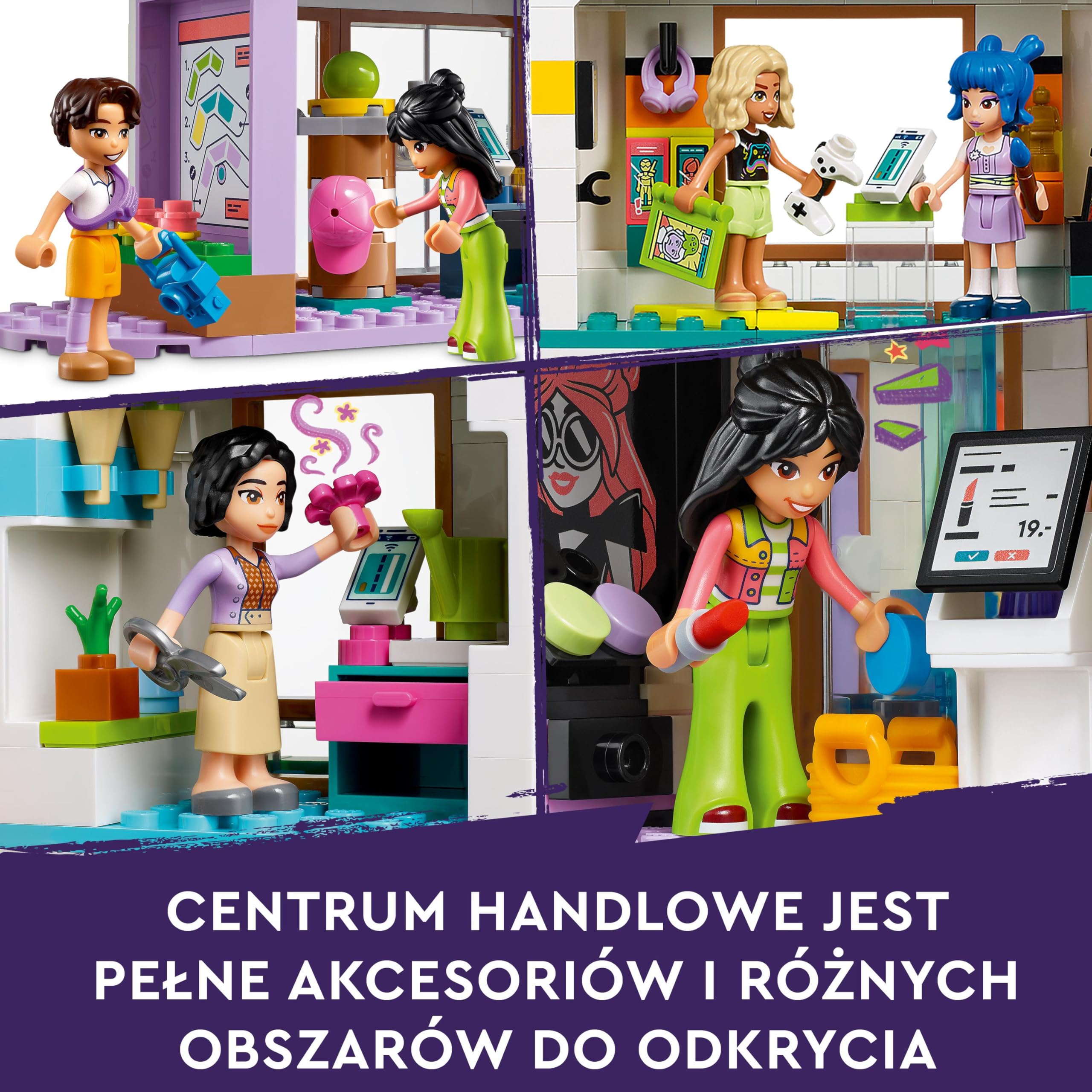 LEGO Friends Centrum handlowe w Heartlake City z 5 sklepami dla dziewczynek i chłopców, dzieci w wieku od 8 lat, zabawki do budowania i odgrywania ról, 7 minilaleczek, prezent urodzinowy, 42604