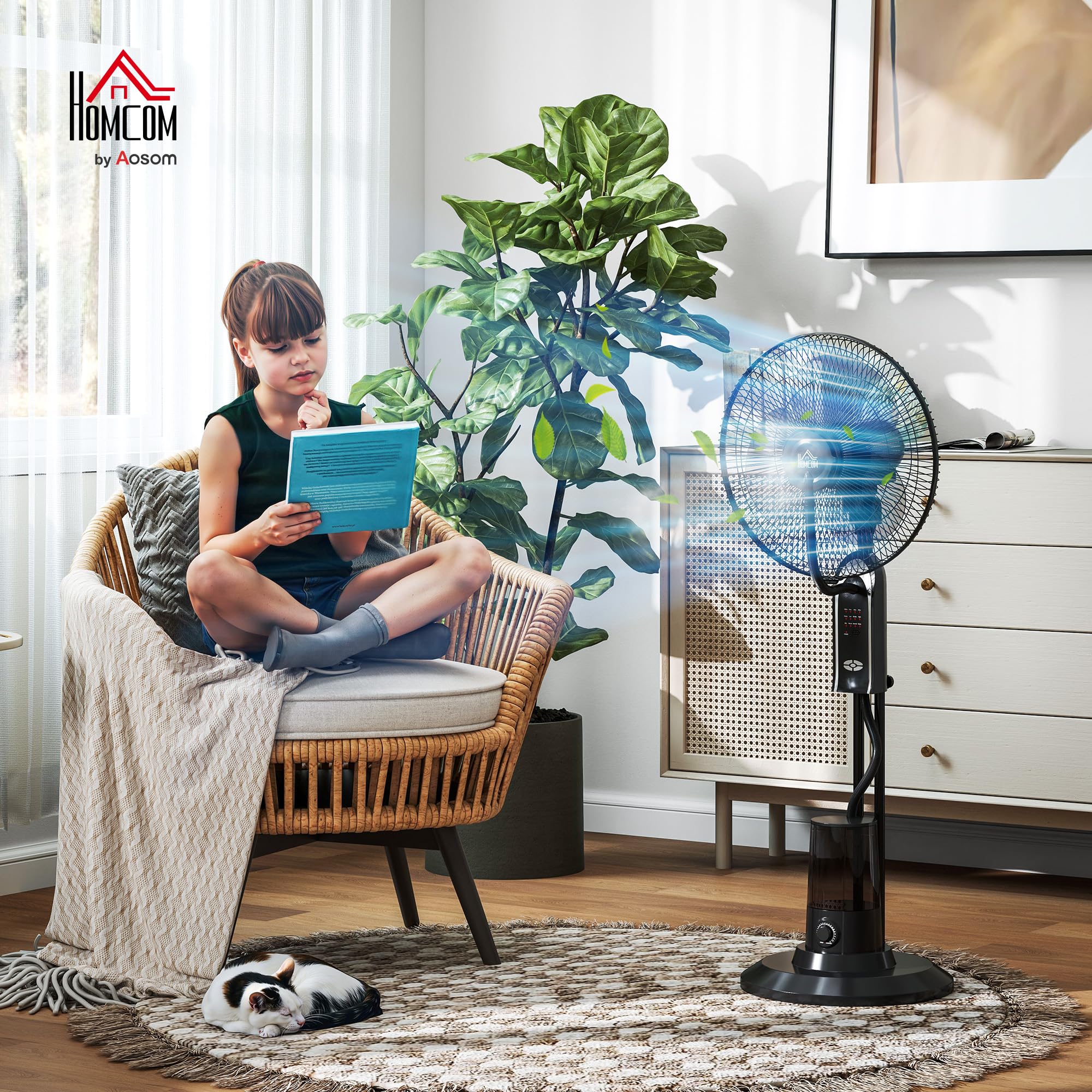 HOMCOM Ventilador Nebulizador de Agua 75 W con Mando a Distancia Ventilador de Pie Oscilante Temporizador Tanque 3,2L 3 Velocidades 3 Aspas y Pantalla LED Ø44,5 cm Negro