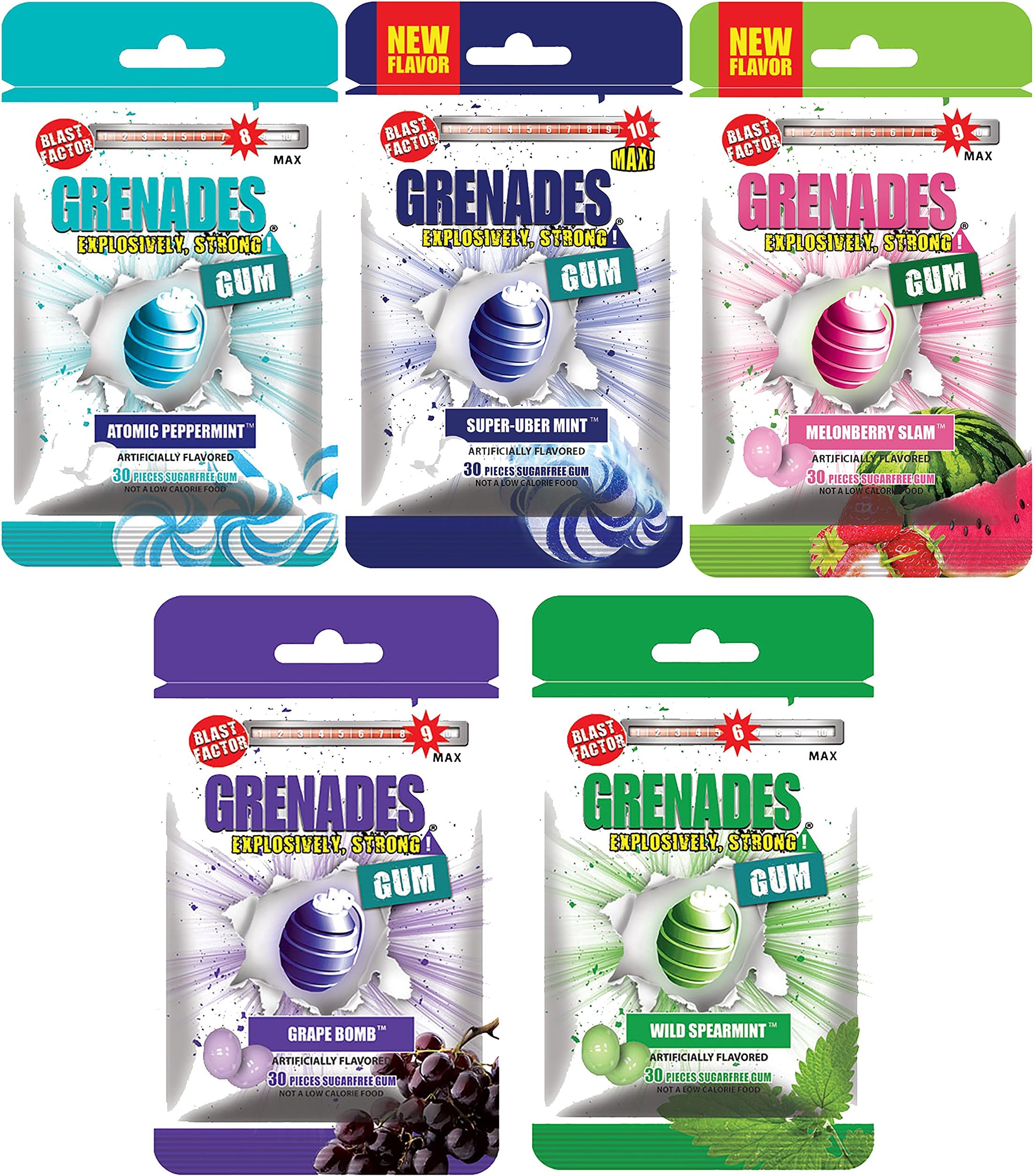 Grenades GUM Explosively Strong Sugar-Free Gum - Intense Minty Blast That'll Blow You Away - Nose Blasting Power & Breath Freshener - Fruit & Mint Variety Pack of 5 (150 Pieces)