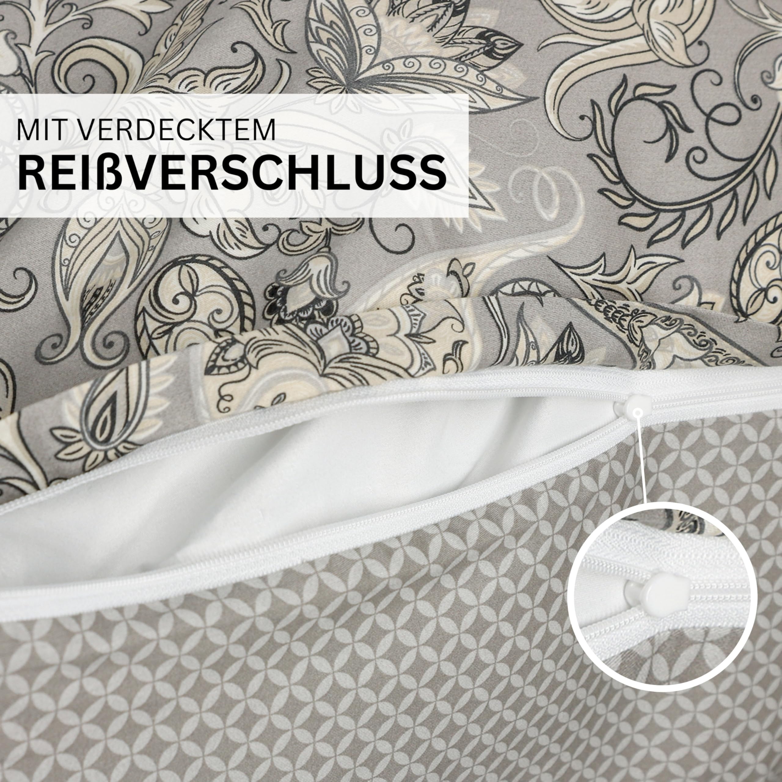 Juego de ropa de cama de satén Esprit 155x220 algodón gris - Funda nórdica de Boho Paisley + Funda de almohada 80x80 cm - Juego de ropa de cama de lujo de 2 piezas en calidad hotelera con cremallera