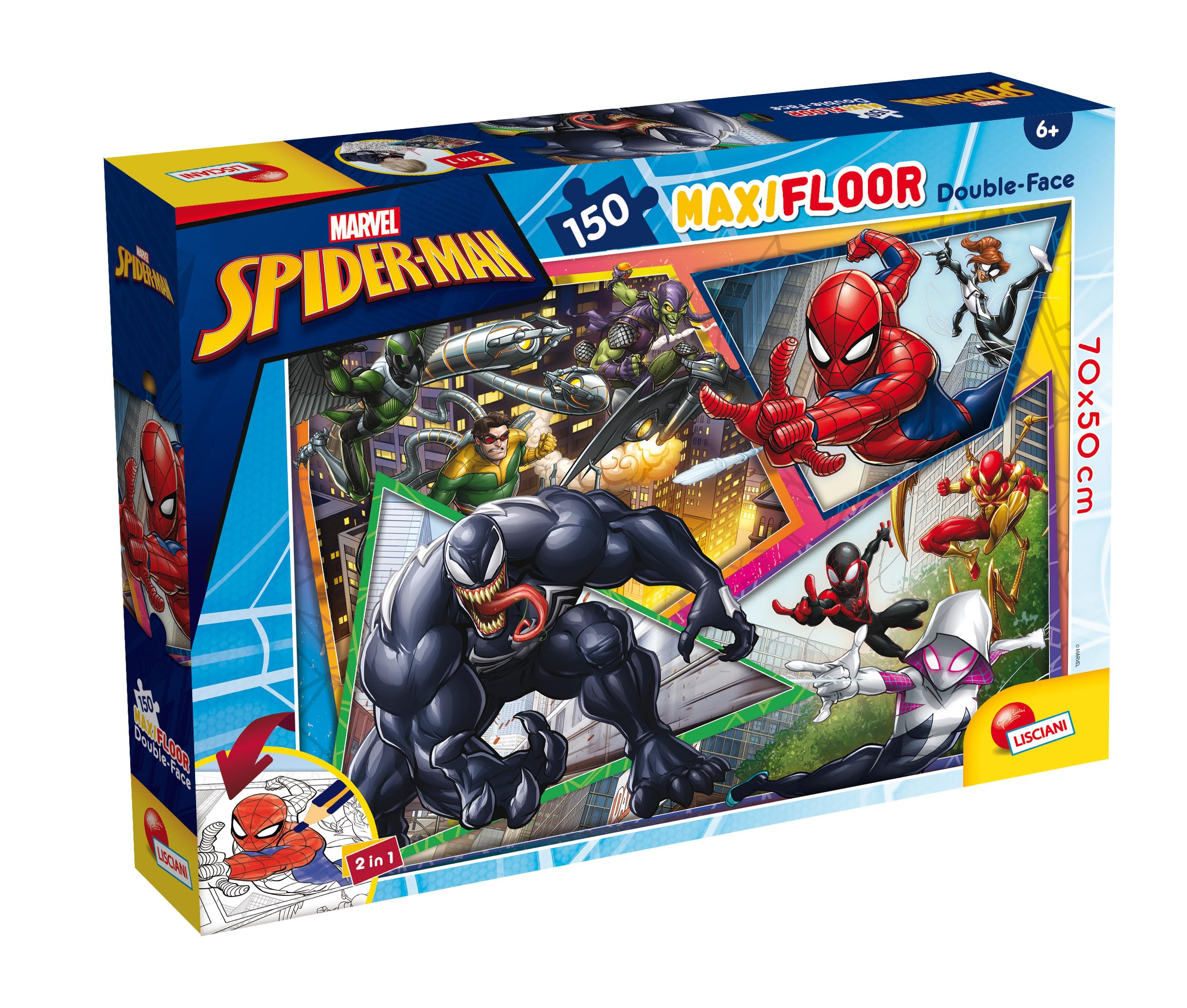 Lisciani - MARVEL SPIDERMAN - Puzzle Maxifloor Double-Sided - 150 Pieces - For Kids from 6 Years - 70x50cm - Large Puzzle of Superheroes Avengers Double-Sided to Colour - Stimulates Thinking