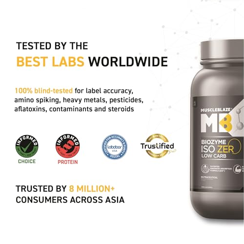 Image of MuscleBlaze Biozyme Iso-Zero Whey Protein Isolate Powder, 1kg (2.2lbs) | Unflavoured | 27g Protein Per Scoop | USA Patent-Published Enhanced Absorption Formula (EAF)