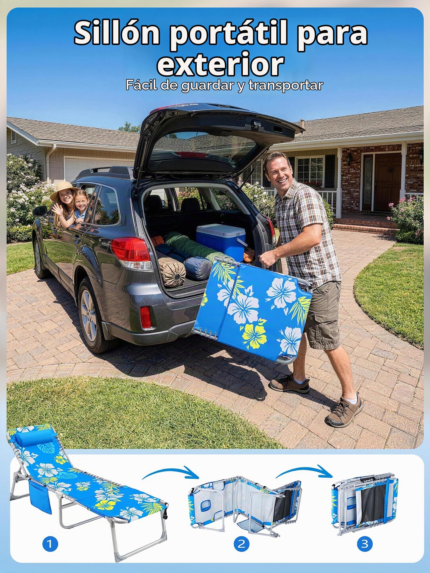 LanBlu Tumbona Playa Plegable con Apertura para la Cara, 3en1 Tumbonas Jardin Exterior con Almohada&Bolsillo Lateral, 5 Posiciones Regulables Tumbona Plegable, Hamacas Jardin Tumbonas para Campamento