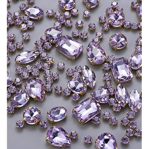 130 pcs (30 Regular +100 Small) Mixed Sew on Rhinestone Claw Crystal Rhinestones for DIY Craft, Jewelry Making,Clothing Accessory (Copper, Gold Claw - Light Purple)