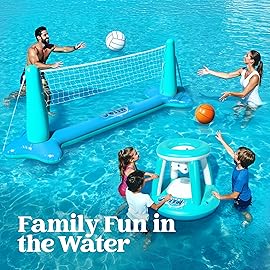 JOYIN XL Inflatable Pool Float Set, 125\'\' Volleyball Net & Basketball Hoops, Extra Large Floating Swimming Game Toy for Kids and Adults, Summer Floaties, Volleyball Court|Basketball, XL-Blue, Cyan