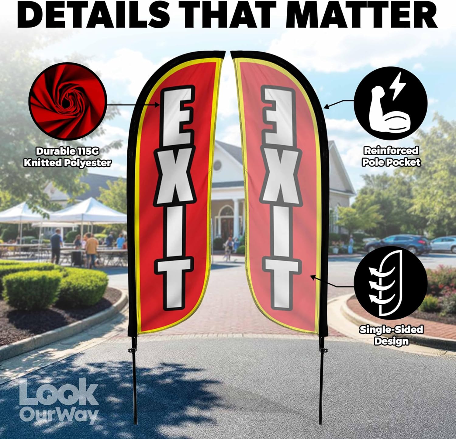 LookOurWay Feather Flag Set - 5ft Tall Advertising Banner Flag with Pole Kit and Ground Spike for Business Promotion - Exit
