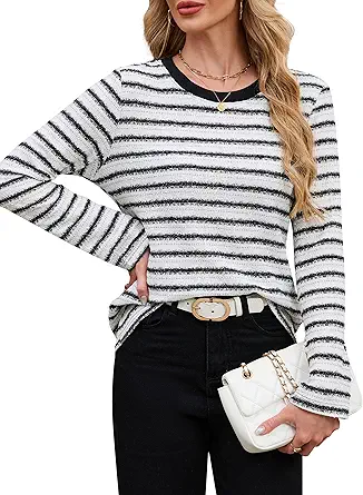 Blooming Jelly Womens Tops Long Sleeve Shirts Striped Tweed T Shirt Dressy Casual Business Crewneck 2025 Fall