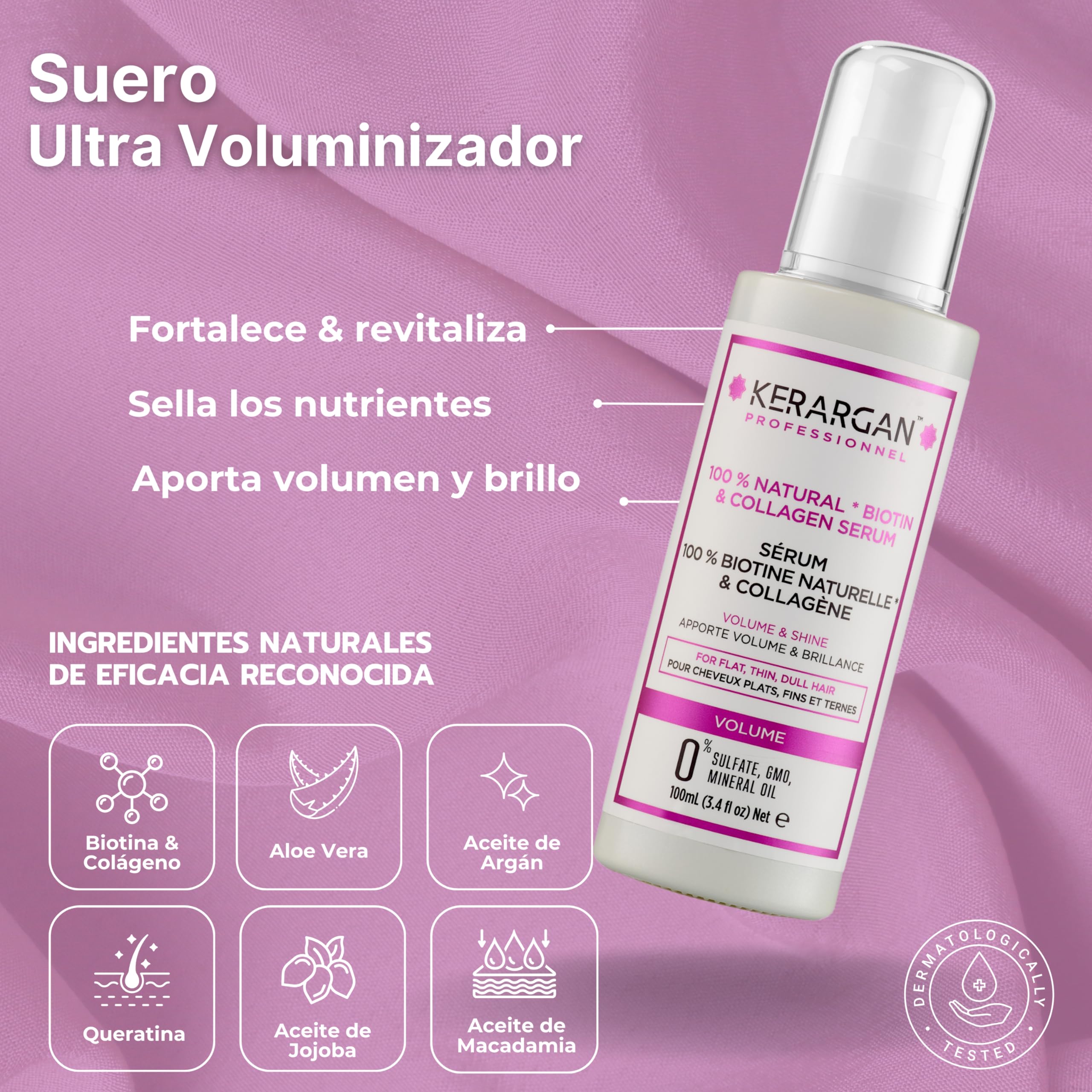 Kerargan - Conjunto Voluminizador Champú, Acondicionador, Mascarilla, Sérum & Leave-In con Biotina & Colágeno - para Cabello Fino y Sin Vida - Sin Sulfatos, OMG, Silicona - 3x500ml+1x100ml+1x350ml | Champú, acondicionador, mascarilla, sérum y cuidado sin