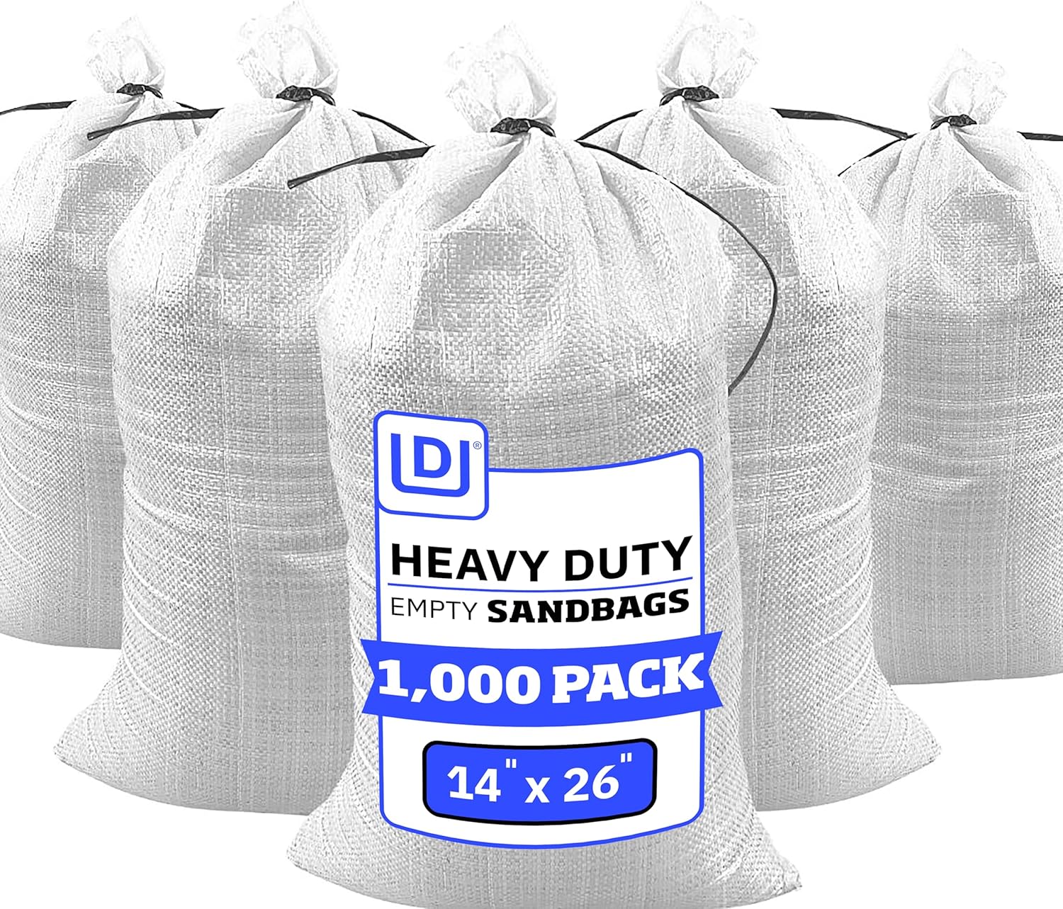 DURASACK Heavy Duty Sand Bags with Tie Strings Empty Woven Polypropylene Sand-Bags for Flood Control with 1600 Hours of UV Protection, 50 lbs Capacity, 14x26 inches, White, 1000 Count
