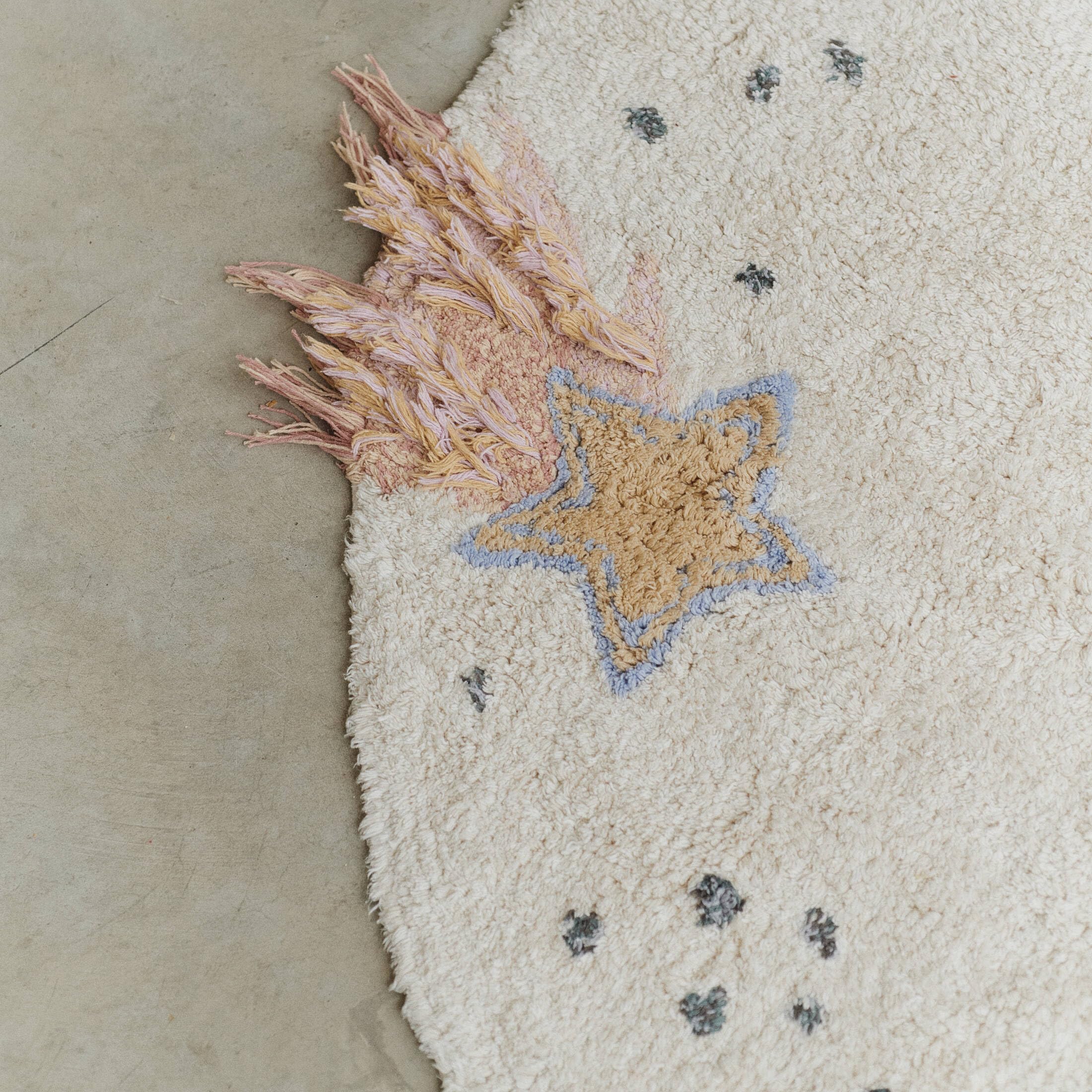 Lorena Canals Alfombra Infantil Lavable de algodón Viaje Interestelar 140 Ø cm, Beige - Alfombra Algodon Lavable - Alfombras Infantiles habitacion - Alfombras Redondas - Alfombra Bebe Beige