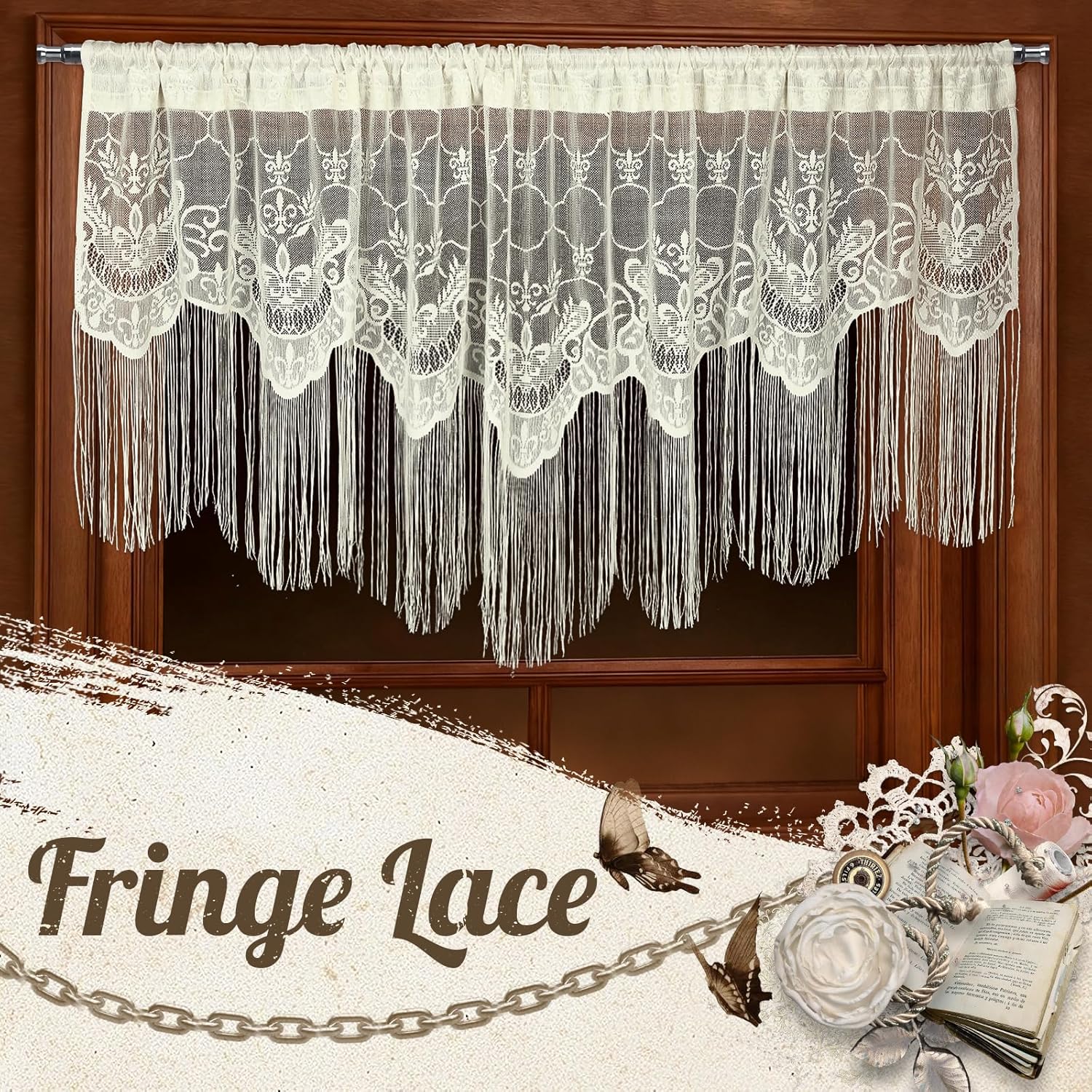 Lounsweer 2 Pcs Lace Scalloped Valance for Window 56 x 23 Inch Victorian Window Treatment Swag Valance Ivory Floral Lace Curtain 1.5 Inch Rod Pocket for Living Room Bedroom (56 x 23 Inches,Elegant)
