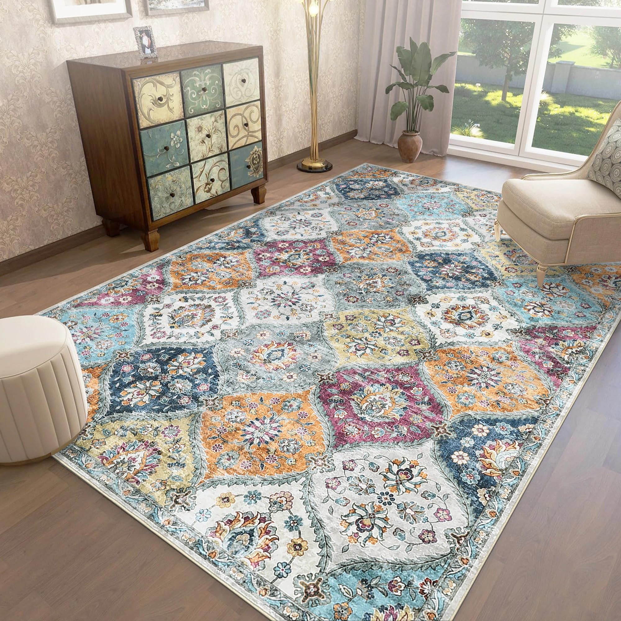 LuxFocus Waschbare Vintage-Teppiche, Faltbare Niederflor-Innenmatte, Groß Wohnzimmerteppich, Weich rutschfest Teppich für Büro Esszimmer Kinderzimmer