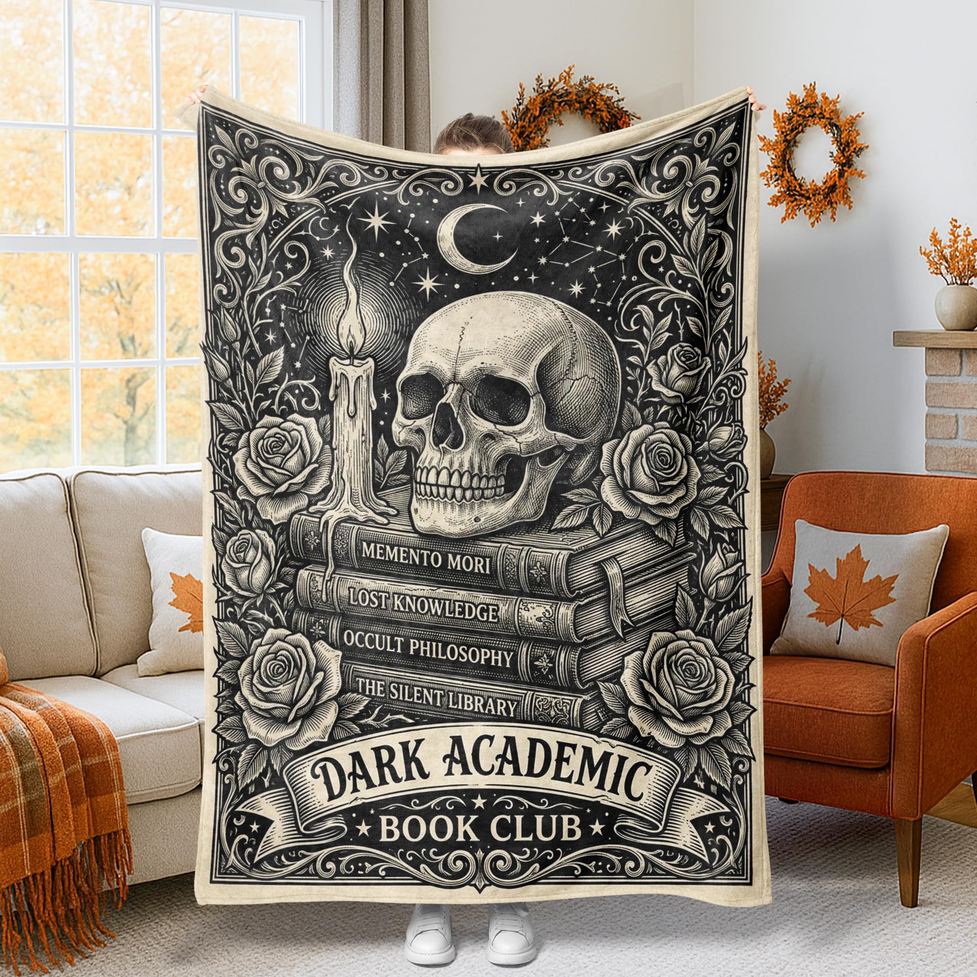 Couverture tête de mort en peluche compacte, plaid noir haut de gamme 127 x 152 cm