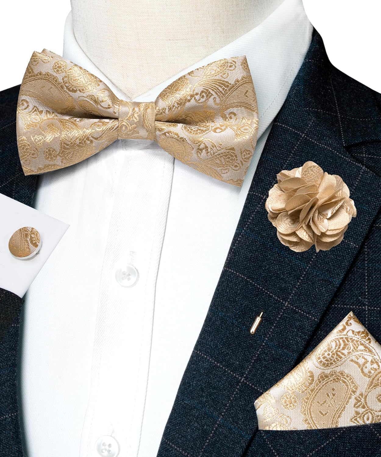 JEMYGINS Paisley Pre-tied Bow Tie and Pocket Square Cufflinks Lapel Pin Sets for Men 4PCS - Image 2