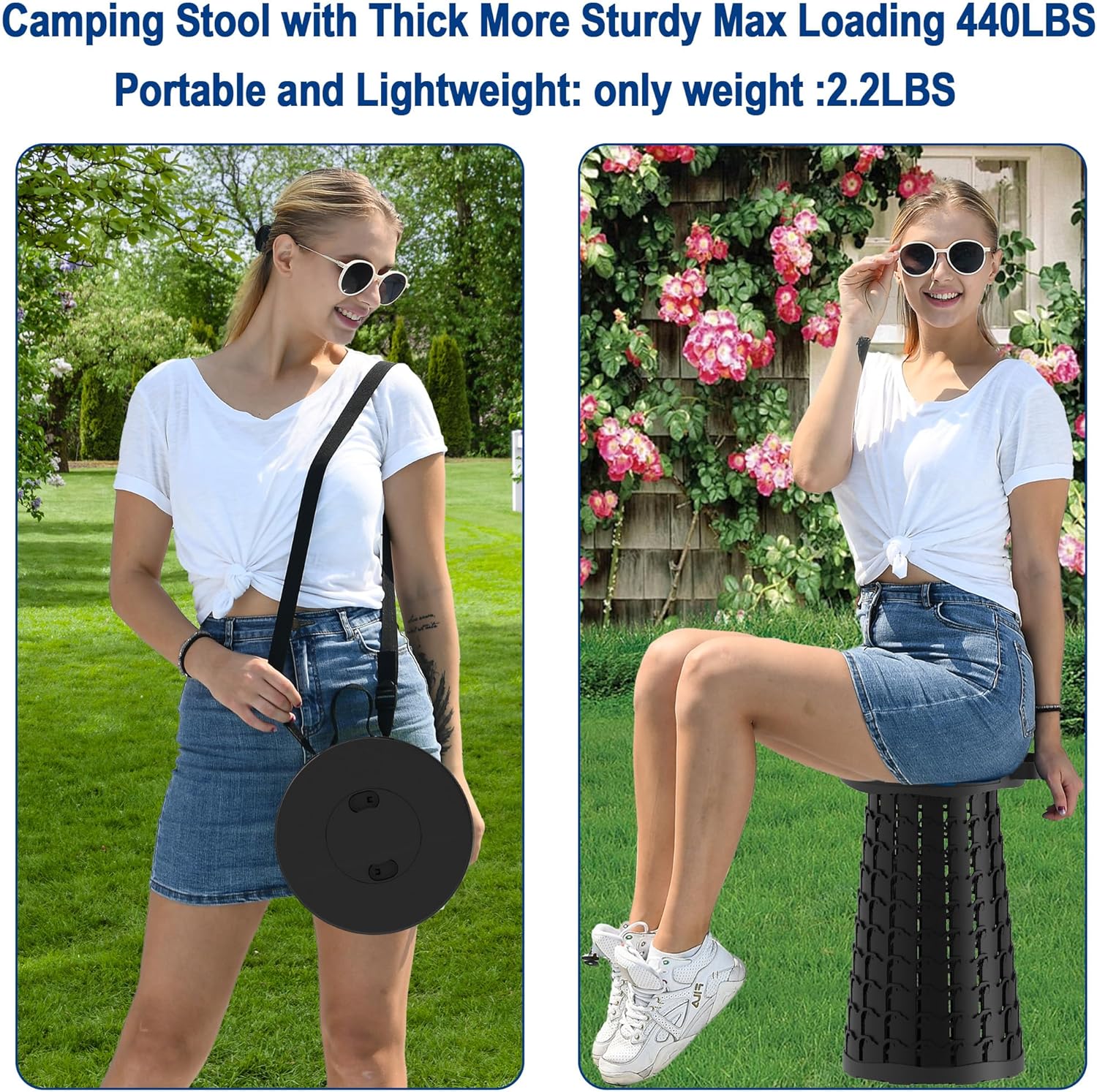 2026 Upgraded 45cm Collapsible Stool with Cushion, Maximum Loading 440 Pounds, Portable and Lightweight Adjustable Seat, Camping Retractable Stool for Outdoor Camping, Fishing, Hiking, BBQ