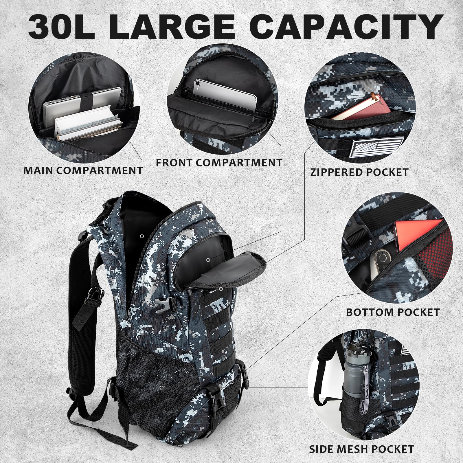 Jueachy Military Tactical Backpack 30L Army Assult Camouflage Hunting Rucksack Molle 3 Day Large Rucking Backpack for Outdoor Sports Trekking Hiking Travel Camping - Image 2