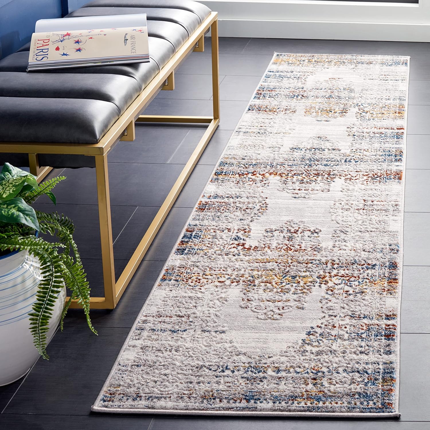 SAFAVIEH Amelia Collection Runner Rug - 2' x 8', Grey & Blue Gold, Distressed Design, Non-Shedding & Easy Care, Ideal for High Traffic Areas in Living Room, Bedroom (ALA298G)