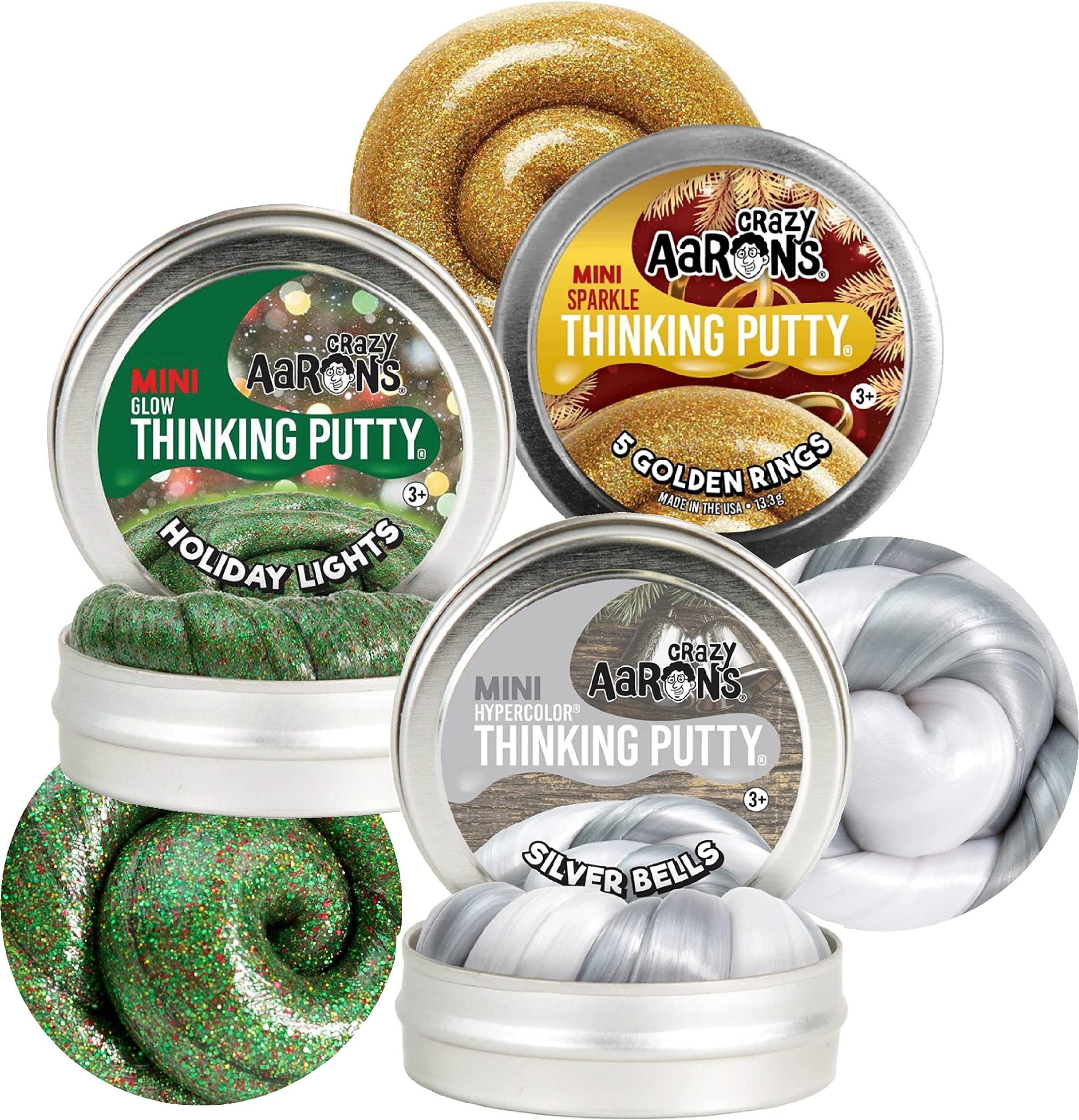 Crazy Aaron's Putty Mini Tins Holiday (Christmas) Trio Set with Holiday Lights, Silver Bells & 5 Golden Rings - 3 Pack (.47oz Each)