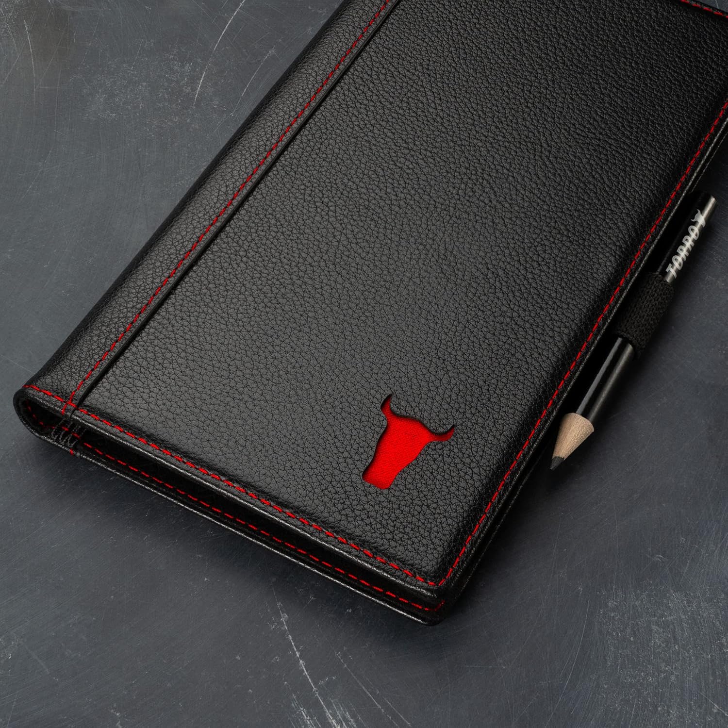 TORRO Large Golf Scorecard Holder – Genuine Leather Pro Golf Score Card Wallet with Card Slot and Pencil (Black with Red Detail)