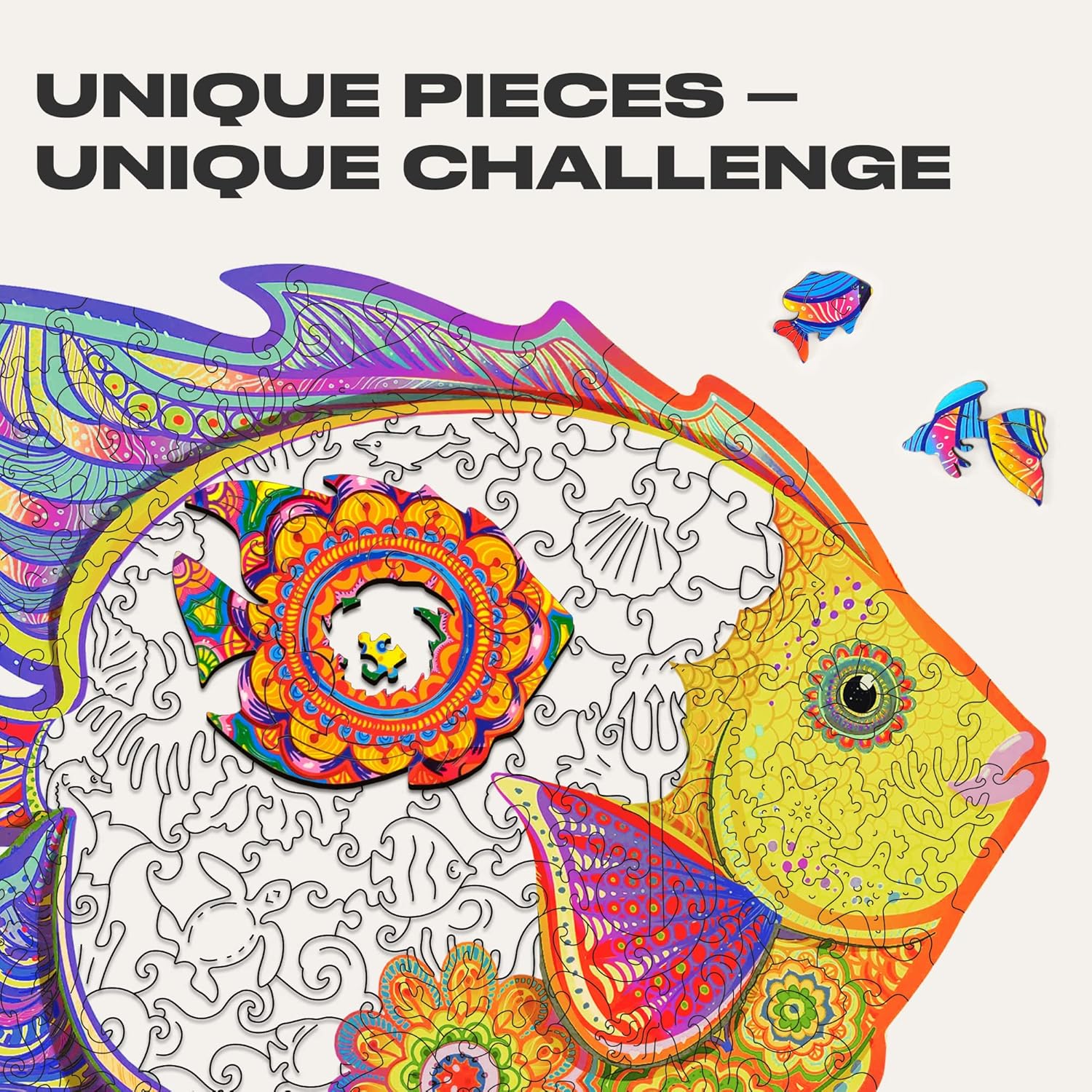 UNIDRAGON Original Wooden Puzzle – Shiny Fish, 196 Pieces, Medium 12.6 x 9.6 Inches (32 x 24 cm) Beautiful Gift Packaging, Unique Shape Best Gift for Adults