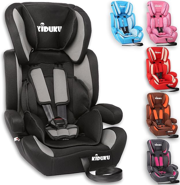 KIDUKU® Safety Car Seat | Booster Seat | 3 in 1 | for Childs and Babys from 9-36 kg (20 lbs - 80 lbs) or 1-12 Years | Convertible, Universal | Approved to ECE R44/04 | Group 1 + 2 + 3 | Black/Grey