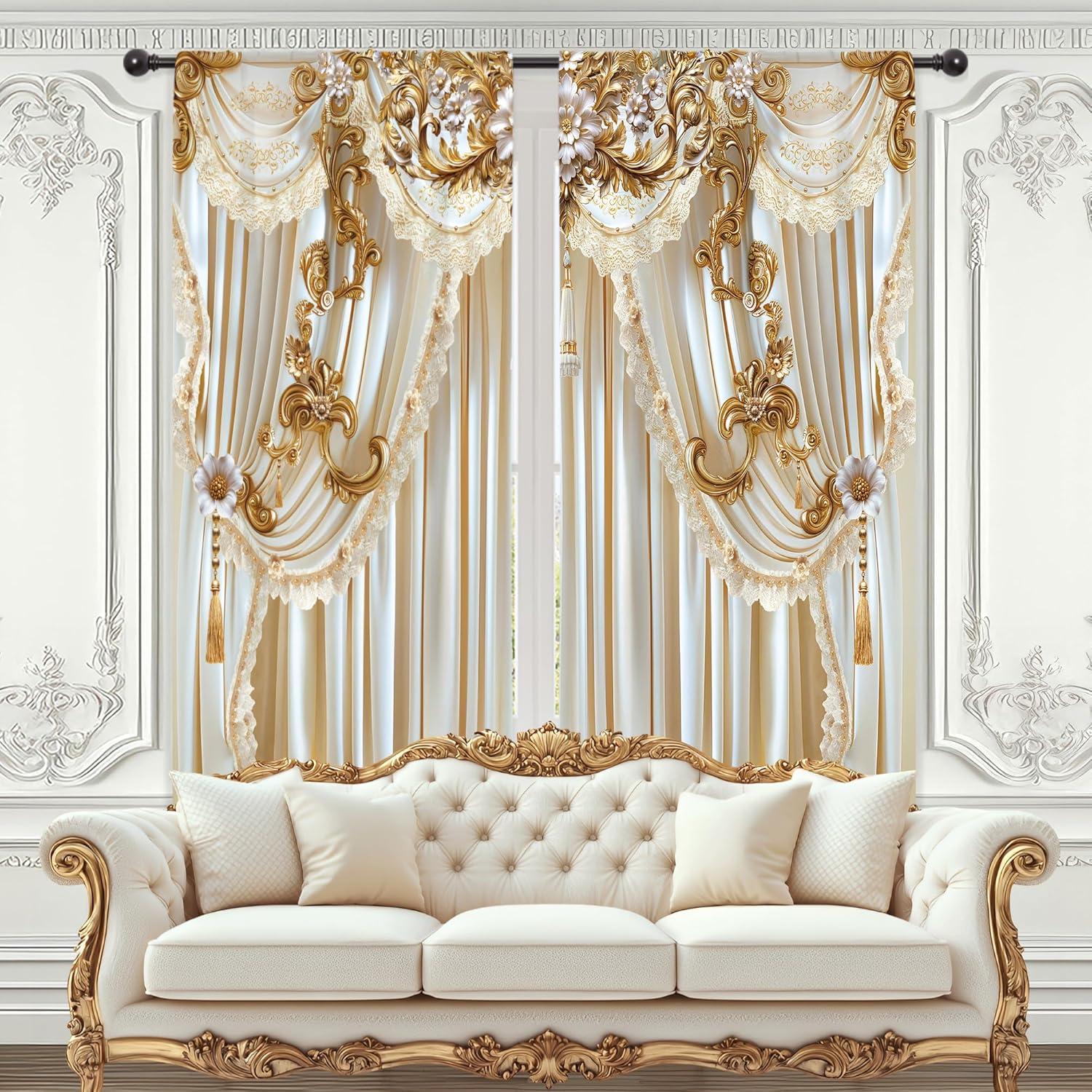 Riyidecor White Gold Golden Curtains Vintage Elegant Luxury (no Tassel) European Rod Pocket Women Girls Gorly Modern Bedroom Living Room Treatment Fabric 2 Panels 42Wx63H Inch 42Wx63H White Gold