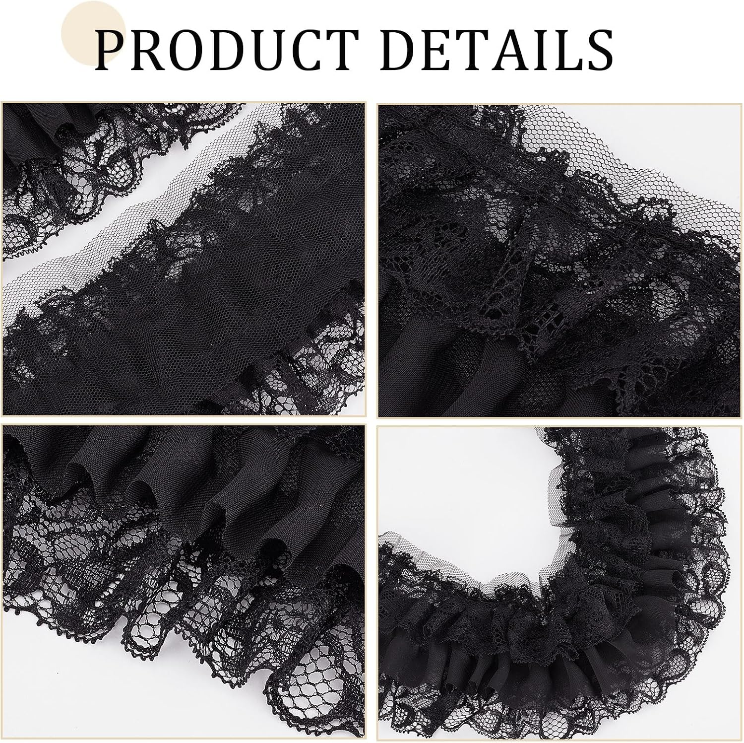 GORGECRAFT Black 3-Layer Pleated Chiffon Lace Trim 4 Inch Width Ruffled Satin Organza Lace Fabric Frills Wide Mesh Tulle Woven Ruffle Fringe Ribbon for Sewing Clothing Curtain Decor Dress Crafts DIY