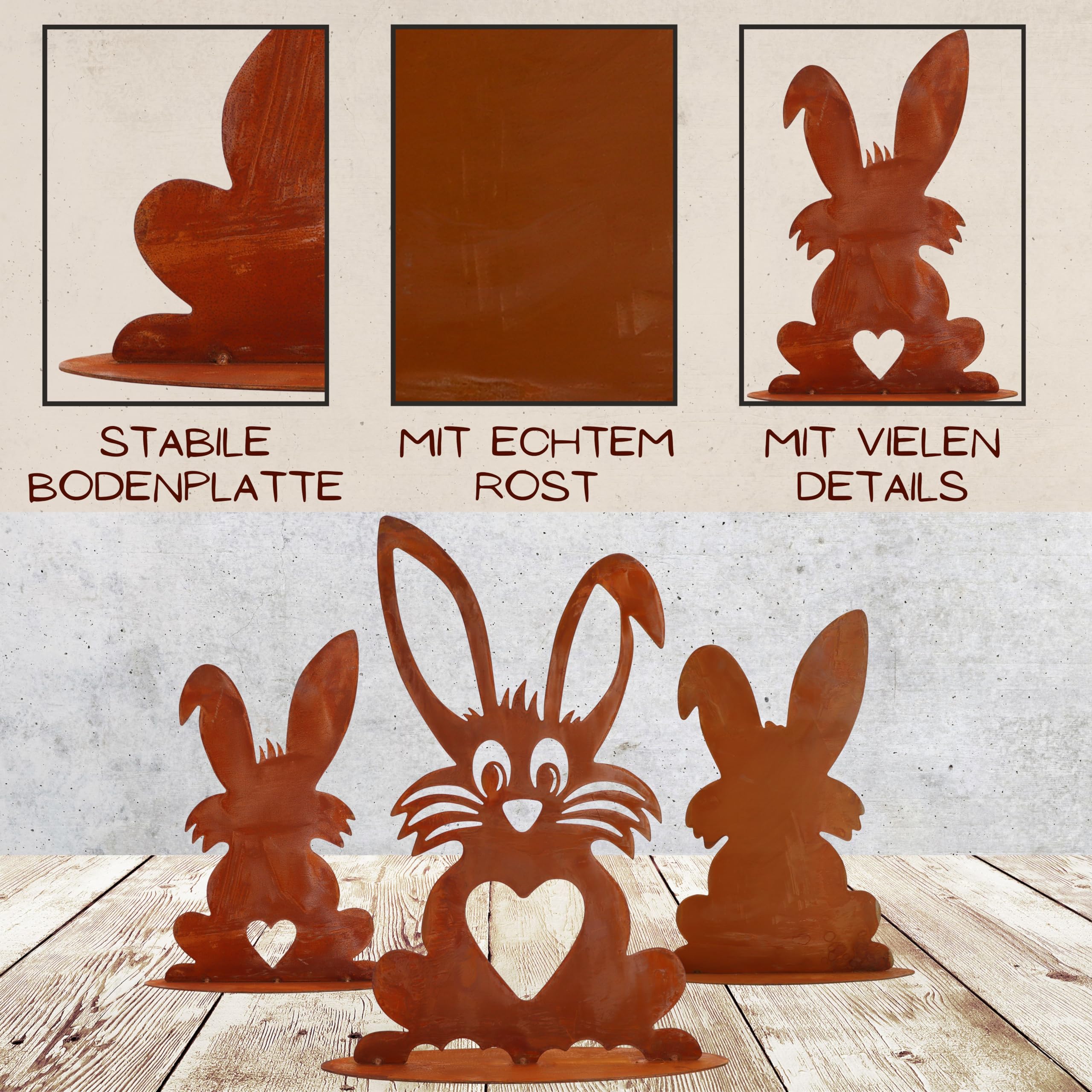 Rostikal 3er Set Osterdekoration 40 cm Osterhasen Rost Gartendeko Figuren Vintage