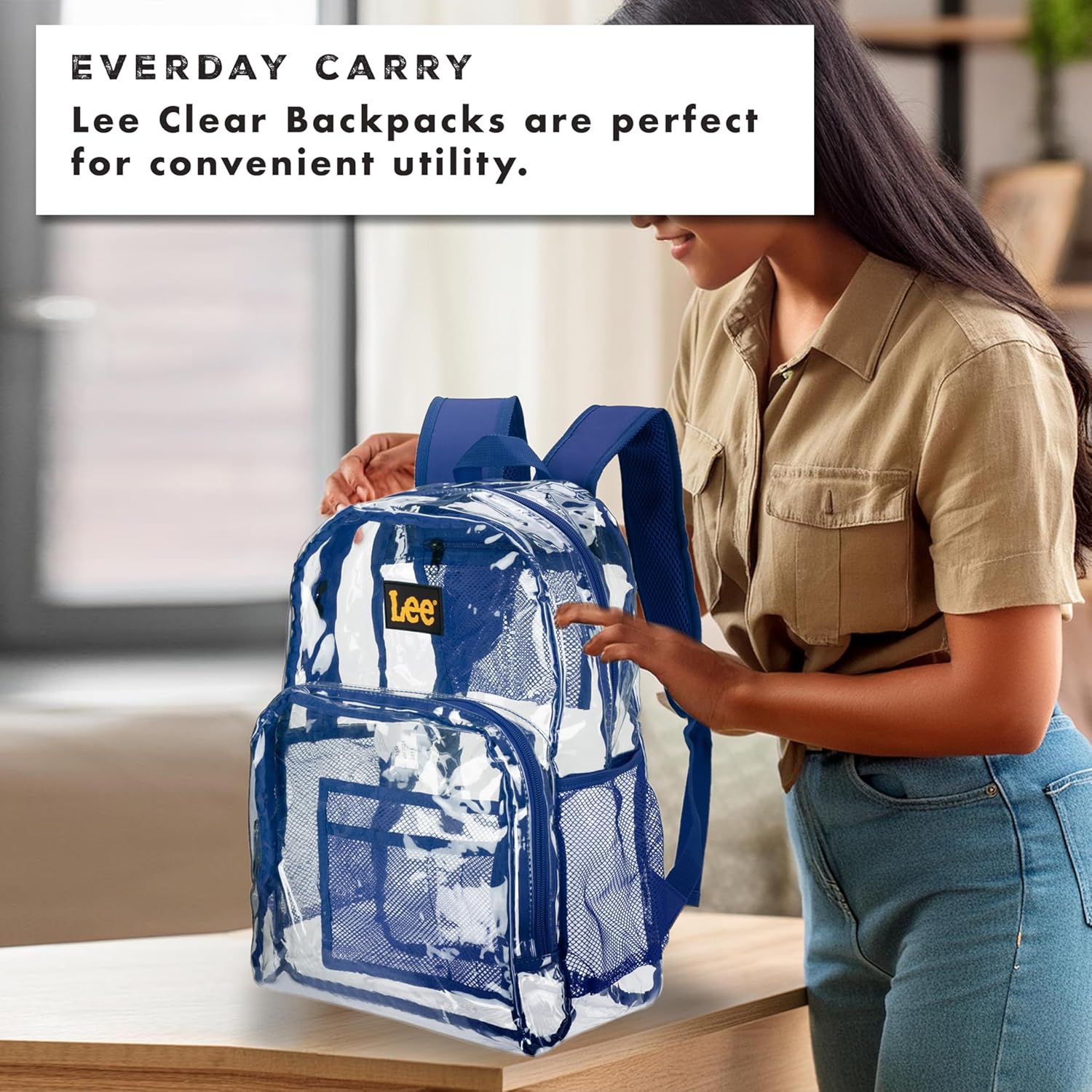 Lee Clear Water Resistant Backpack for Girls - Durable Plastic See Thru Bag for Casual Use, Stadiums, Concerts, Schools (Clear Blue) - Image 3