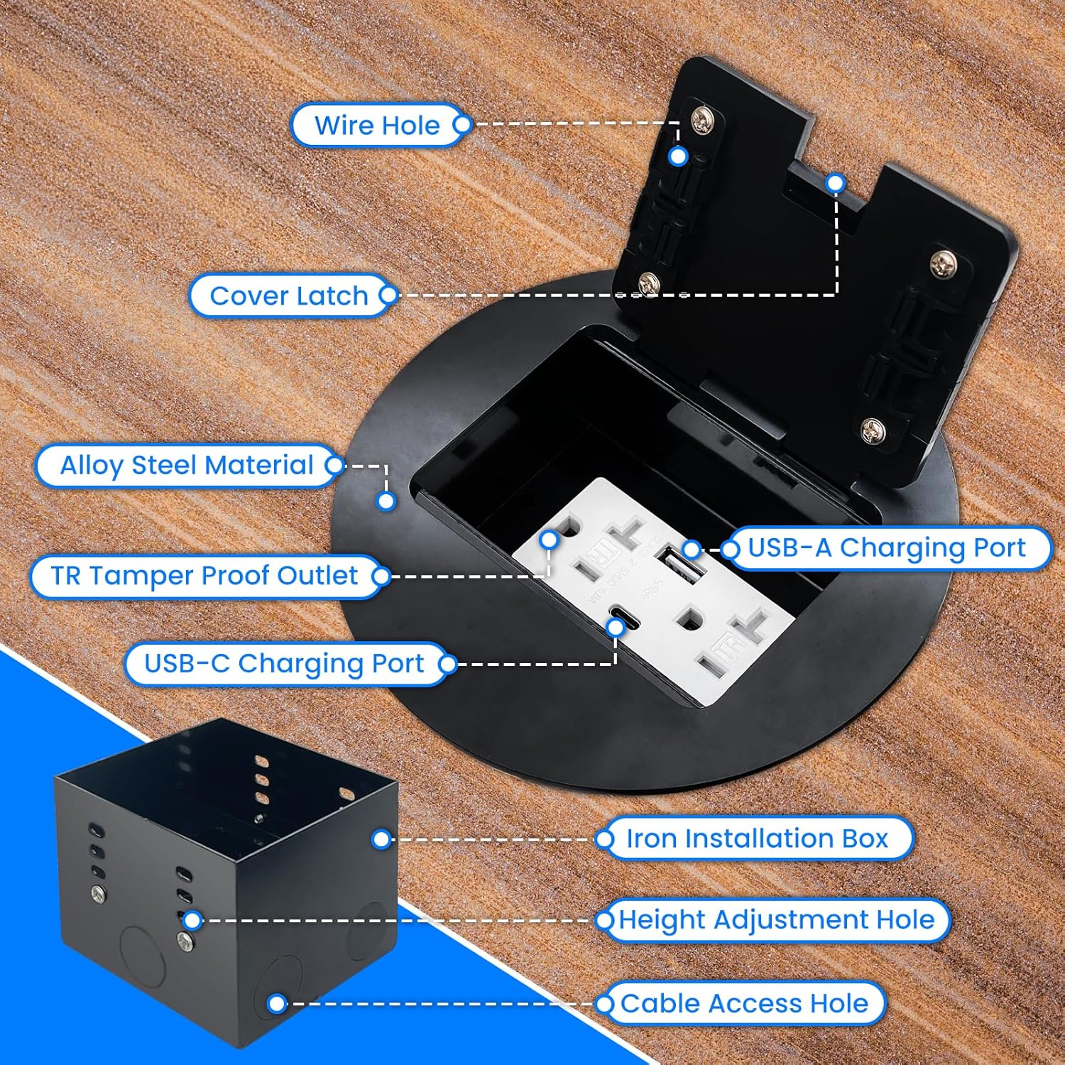 Recessed Floor Outlet Box, Deep Receptacle with 4.8A USB-A and USB-C Quick Charging Port, 20A Round Floor Outlet Cover - 2 Pack (Black)