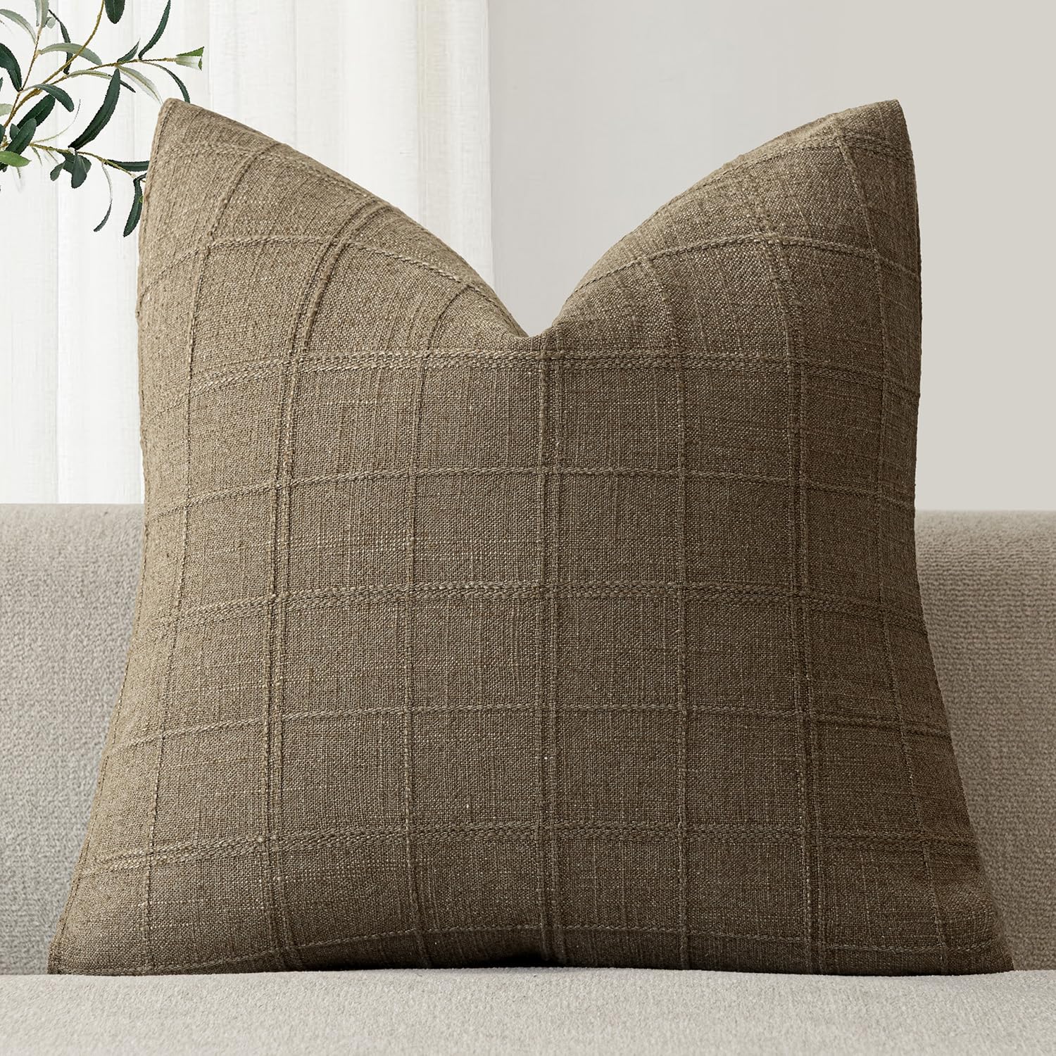 Foindtower Set of 1 Decorative Linen Check Throw Pillow Cover Neutral Farmhouse Vintage Cushion Cover Modern Boho Home Decor for Sofa Chair Couch Bedroom Living Room,24×24 Inch,Light Brown