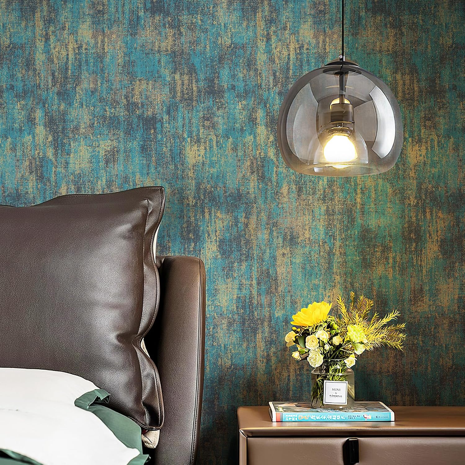 HueBurst 17.3"x 480" Metallic Wallpaper Peel and Stick Blue Gold Wallpaper for Bathroom Office Modern Distressed Industrial Self Adhesive Wall Paper for Bedroom Kitchen